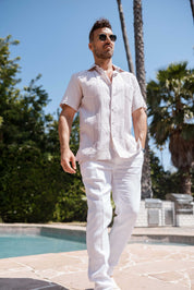 Camisa Guayabera de Lino 100% Teñida con Hilo para Hombre, Manga Corta, Diseño de 2 Bolsillos