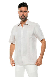 Camisa Guayabera de Lino 100% Teñida con Hilo para Hombre, Manga Corta, Diseño de 2 Bolsillos