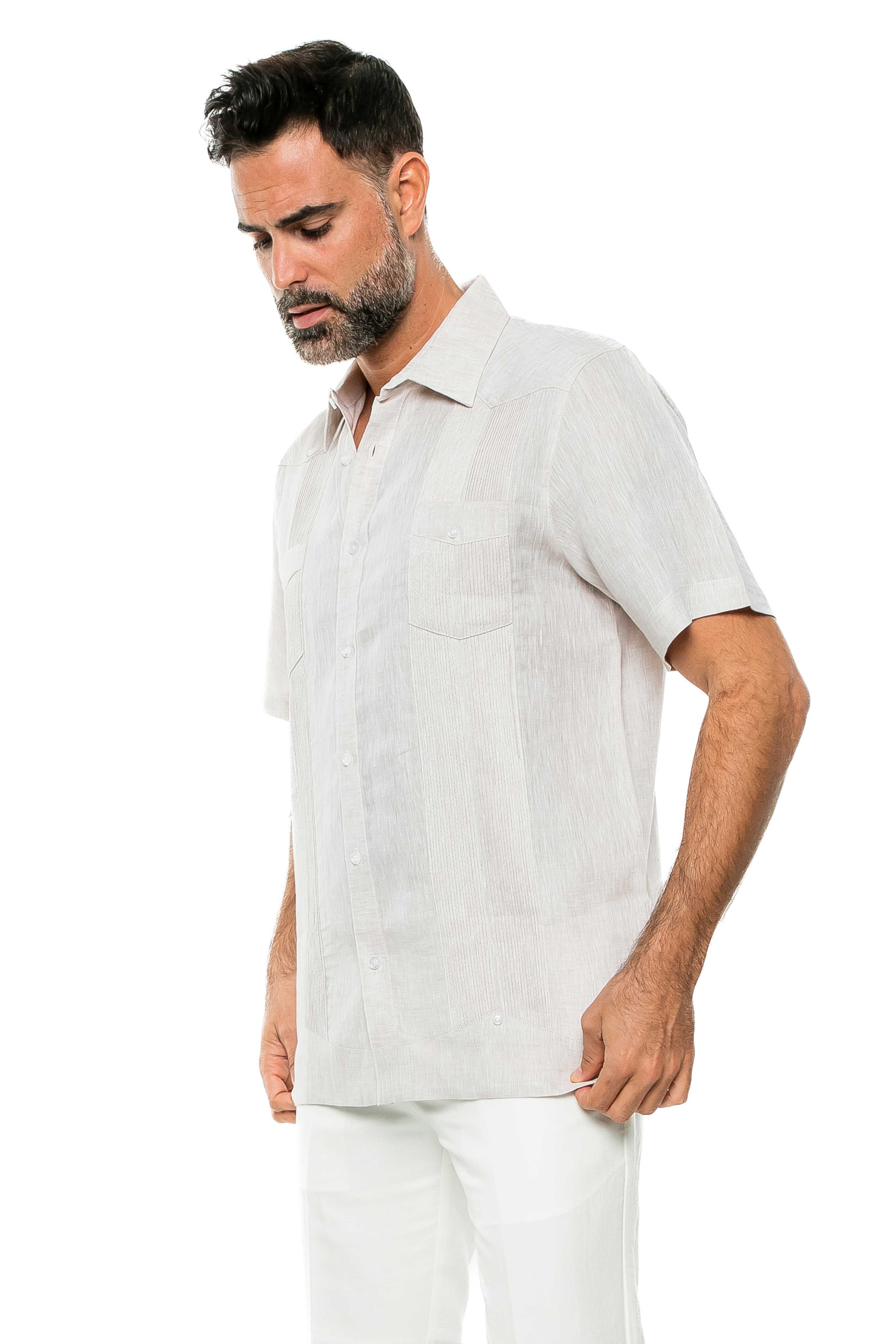 Camisa Guayabera de Lino 100% Teñida con Hilo para Hombre, Manga Corta, Diseño de 2 Bolsillos