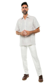 Camisa Guayabera de Lino 100% Teñida con Hilo para Hombre, Manga Corta, Diseño de 2 Bolsillos