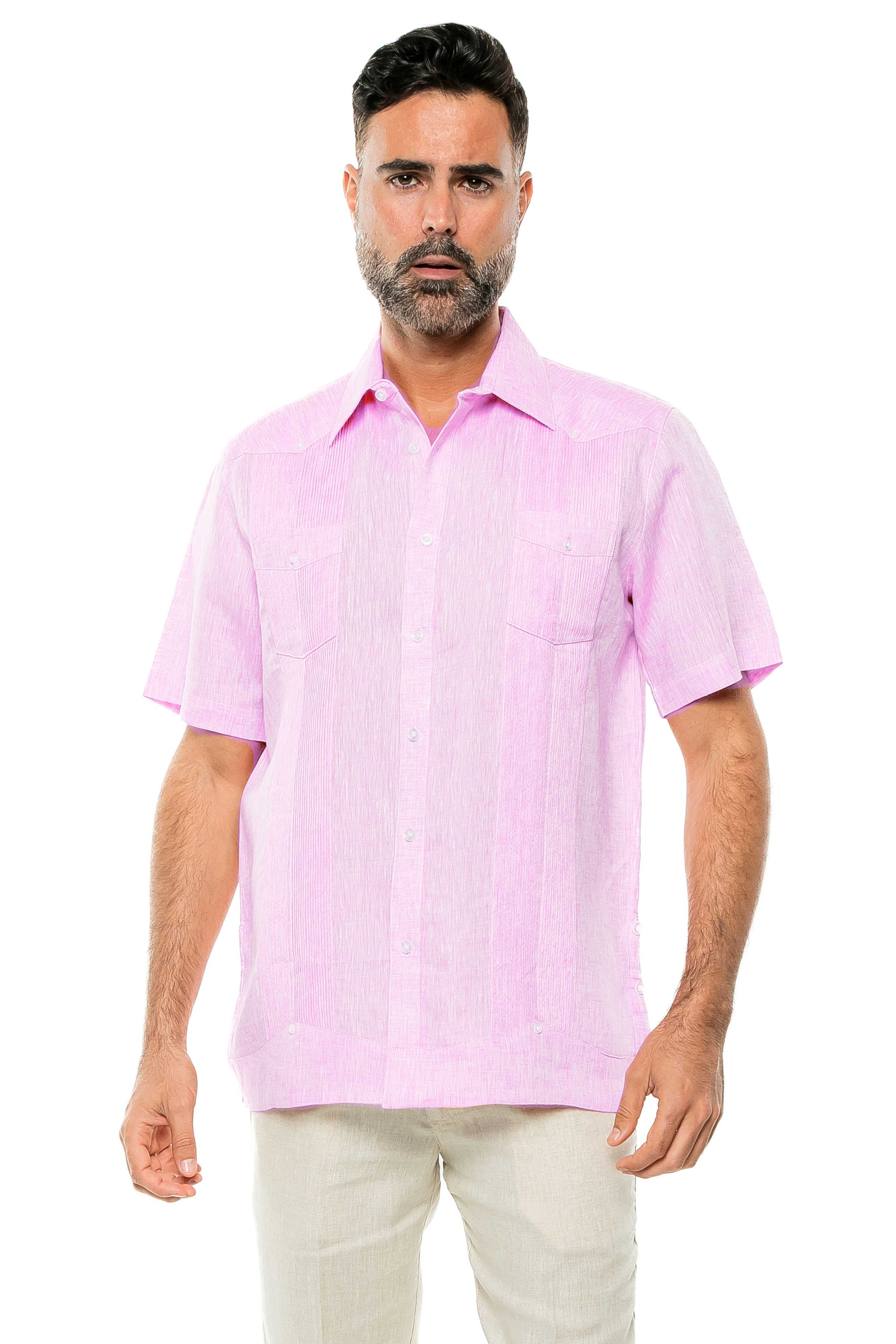Camisa Guayabera de Lino 100% Teñida con Hilo para Hombre, Manga Corta, Diseño de 2 Bolsillos