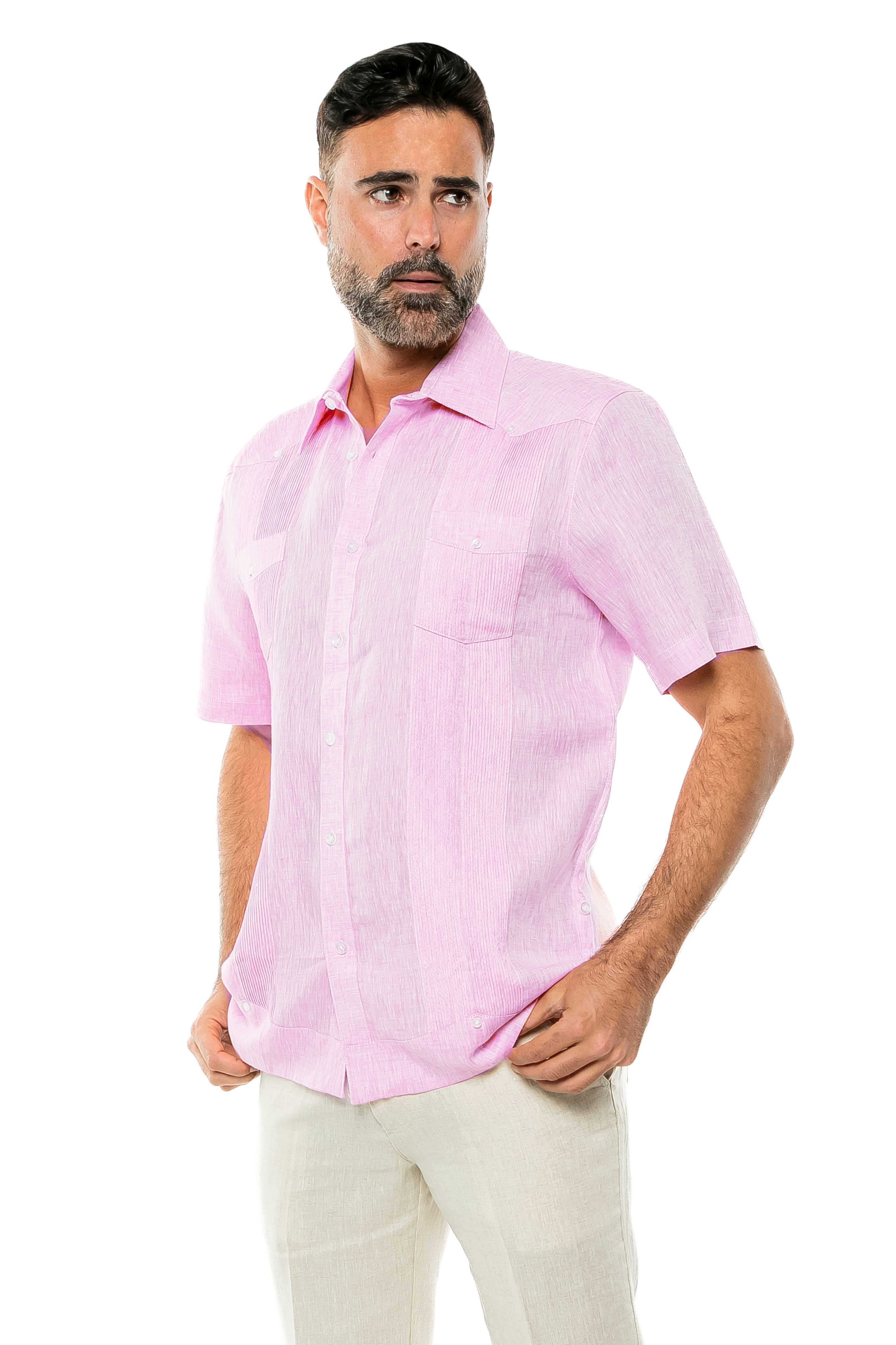 Camisa Guayabera de Lino 100% Teñida con Hilo para Hombre, Manga Corta, Diseño de 2 Bolsillos