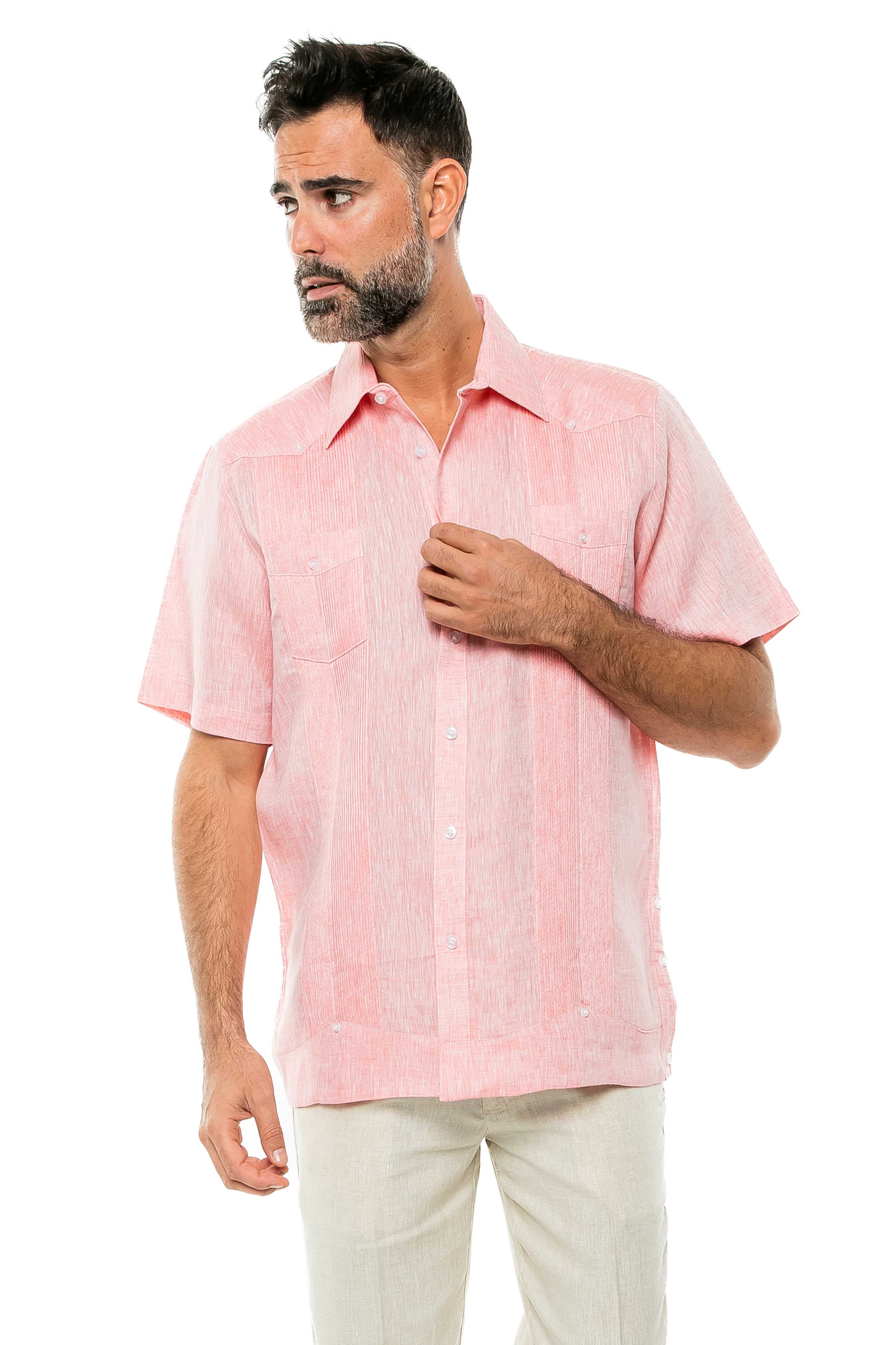 Camisa Guayabera de Lino 100% Teñida con Hilo para Hombre, Manga Corta, Diseño de 2 Bolsillos