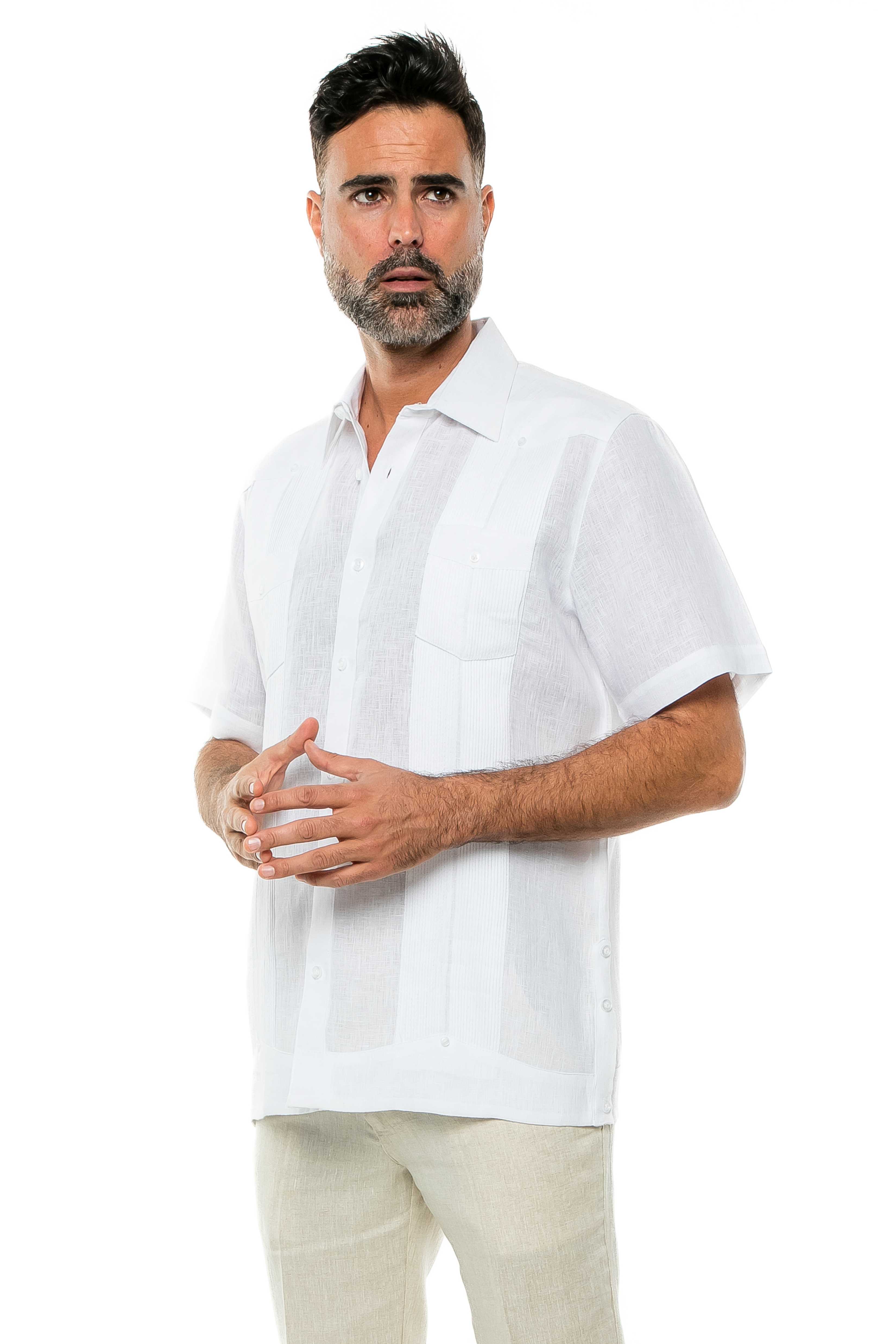 Camisa Guayabera de Lino 100% Teñida con Hilo para Hombre, Manga Corta, Diseño de 2 Bolsillos
