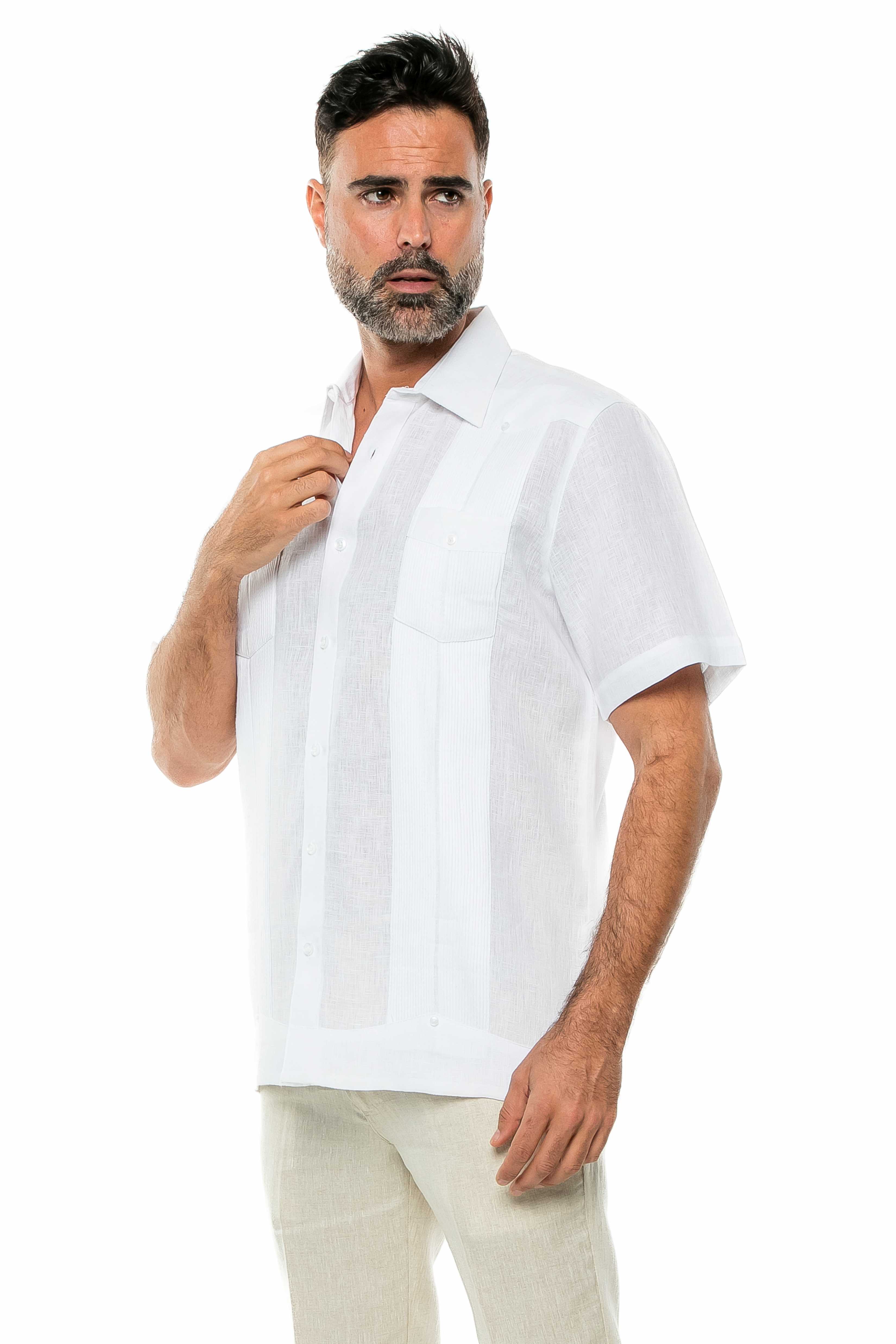Camisa Guayabera de Lino 100% Teñida con Hilo para Hombre, Manga Corta, Diseño de 2 Bolsillos