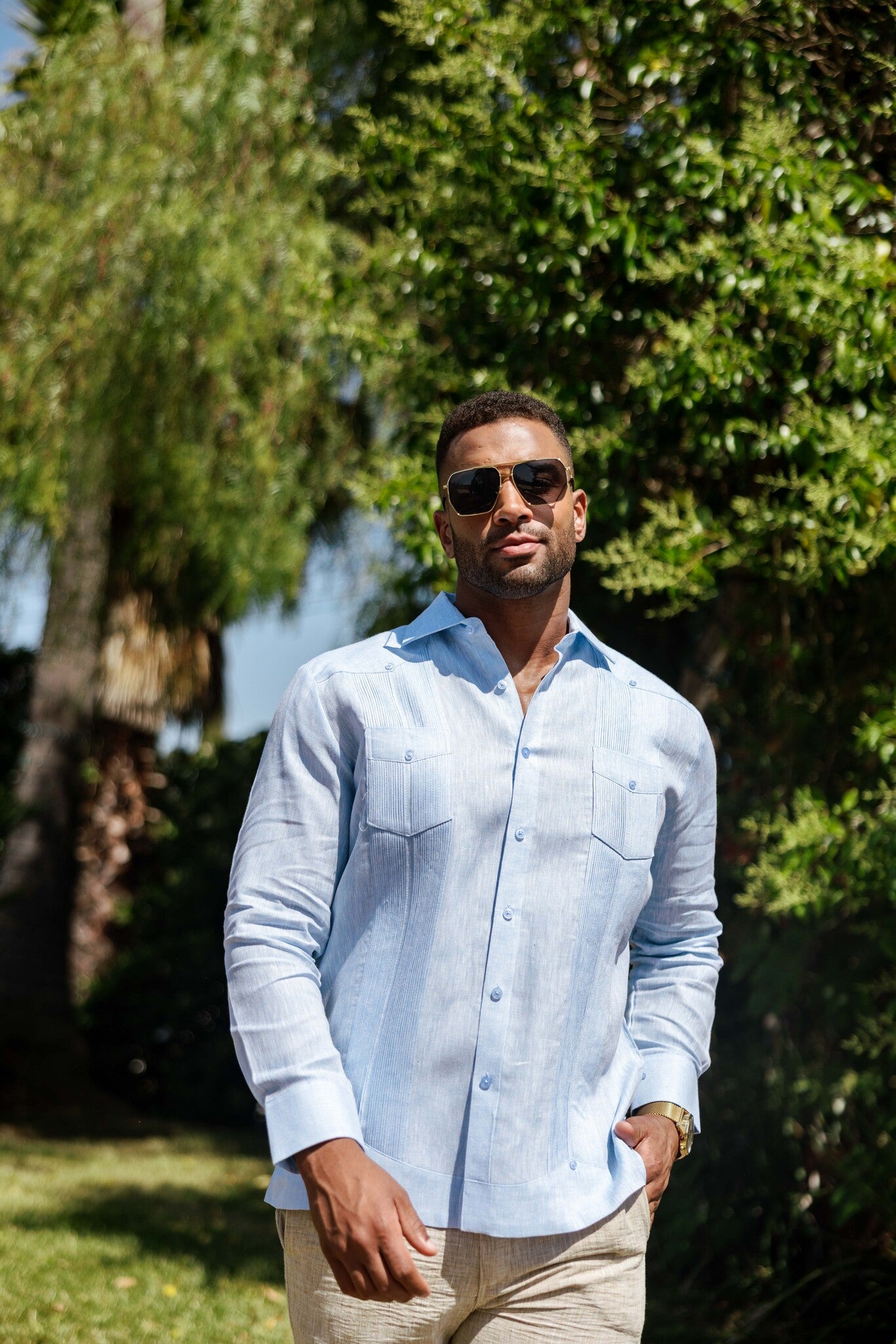 Camisa Guayabera de Manga Larga para Hombre, 100% Lino, Diseño de Dos Bolsillos