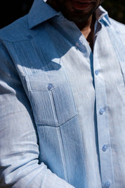 Camisa Guayabera de Manga Larga para Hombre, 100% Lino, Diseño de Dos Bolsillos