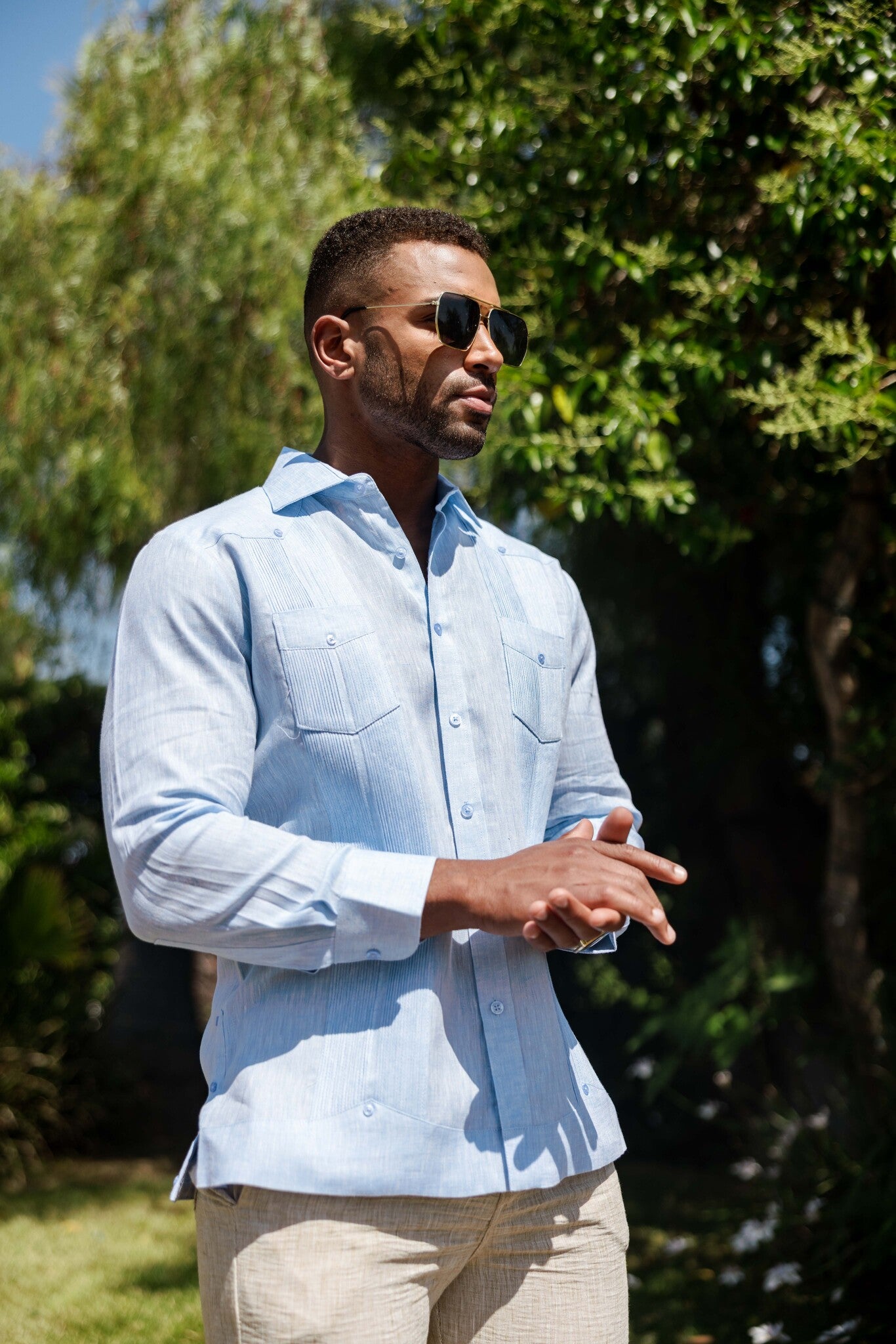 Camisa Guayabera de Manga Larga para Hombre, 100% Lino, Diseño de Dos Bolsillos