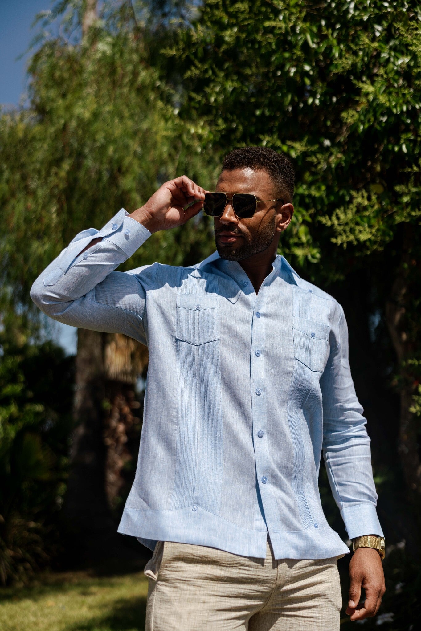 Camisa Guayabera de Manga Larga para Hombre, 100% Lino, Diseño de Dos Bolsillos