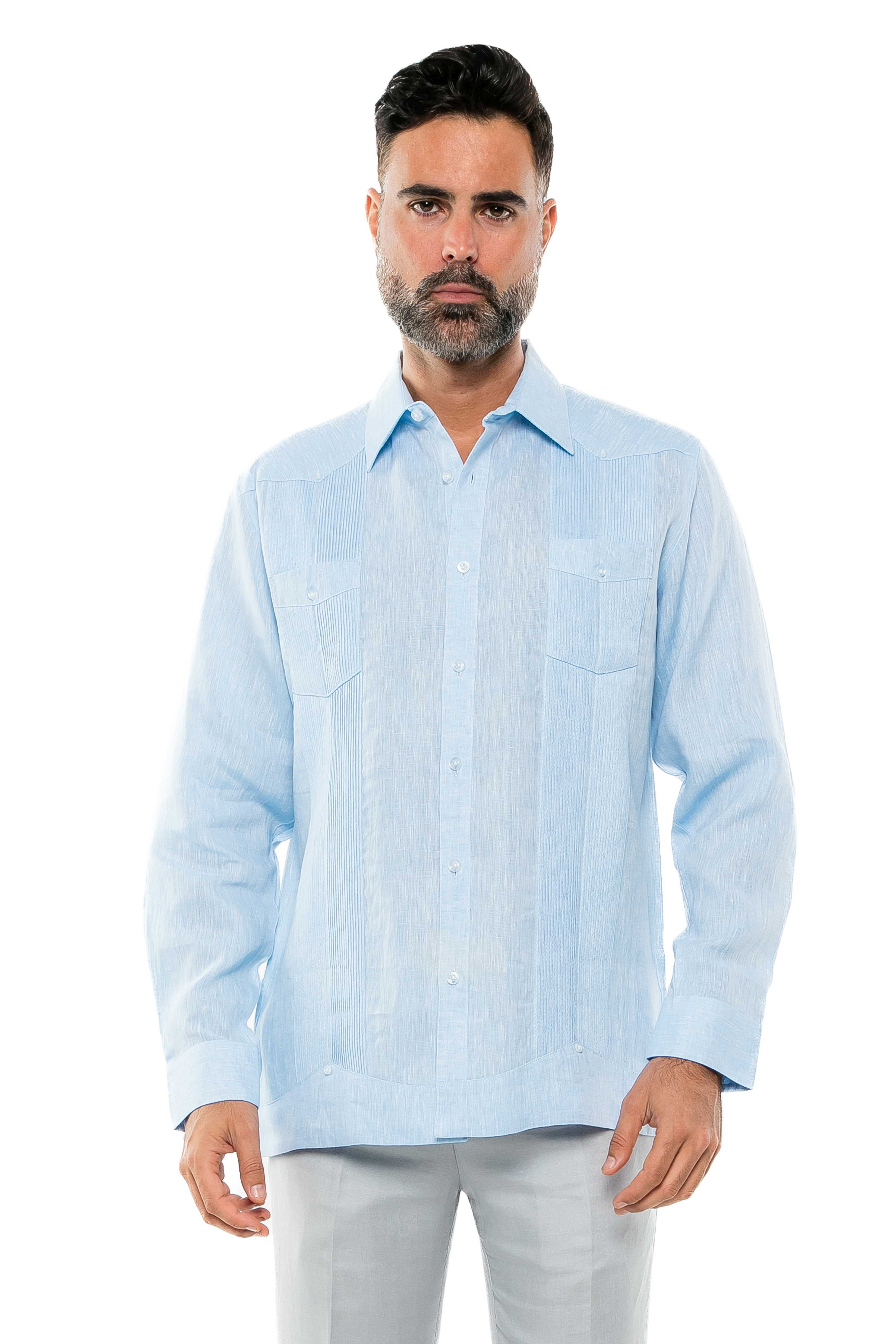 Camisa Guayabera de Manga Larga para Hombre, 100% Lino, Diseño de Dos Bolsillos