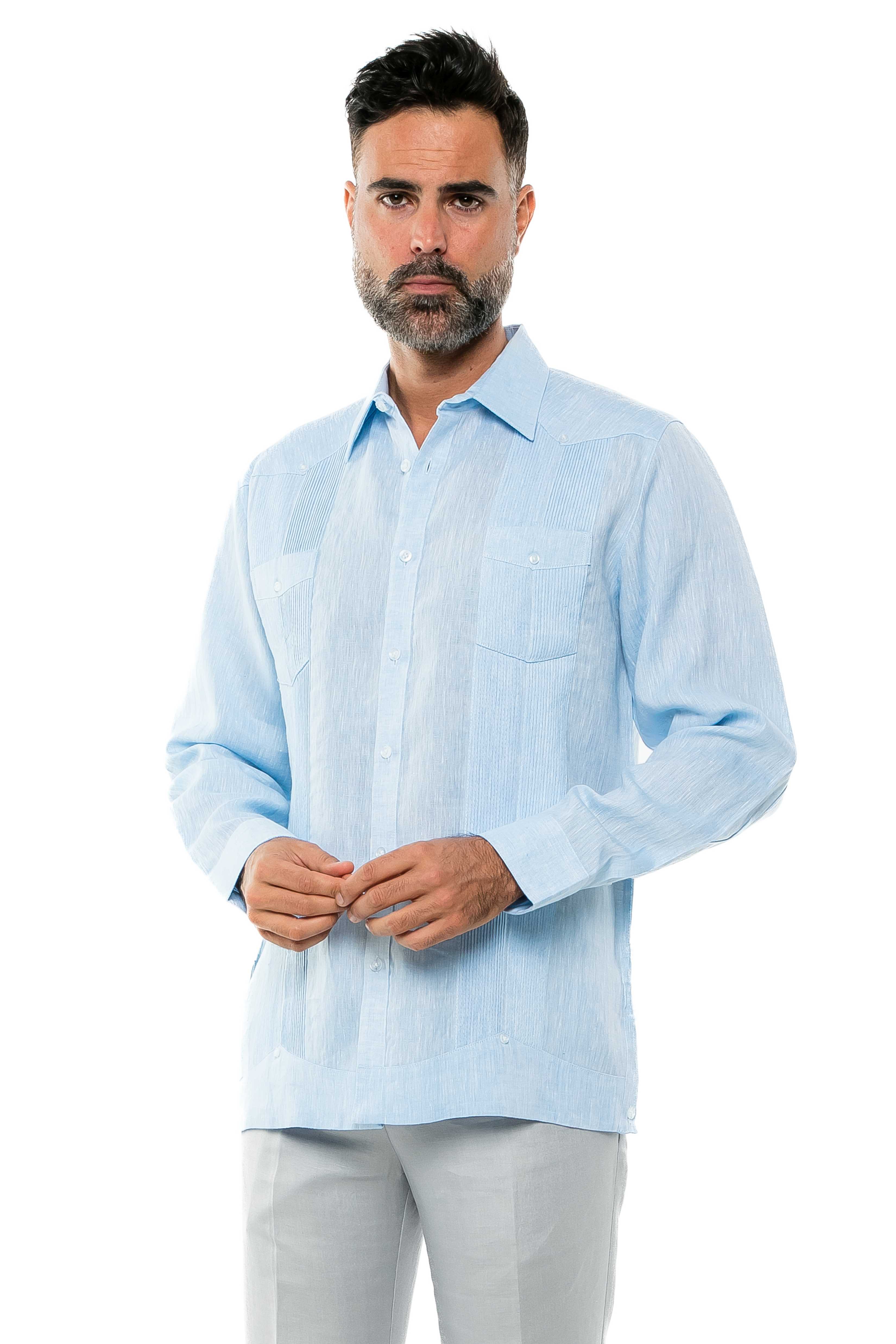 Camisa Guayabera de Manga Larga para Hombre, 100% Lino, Diseño de Dos Bolsillos