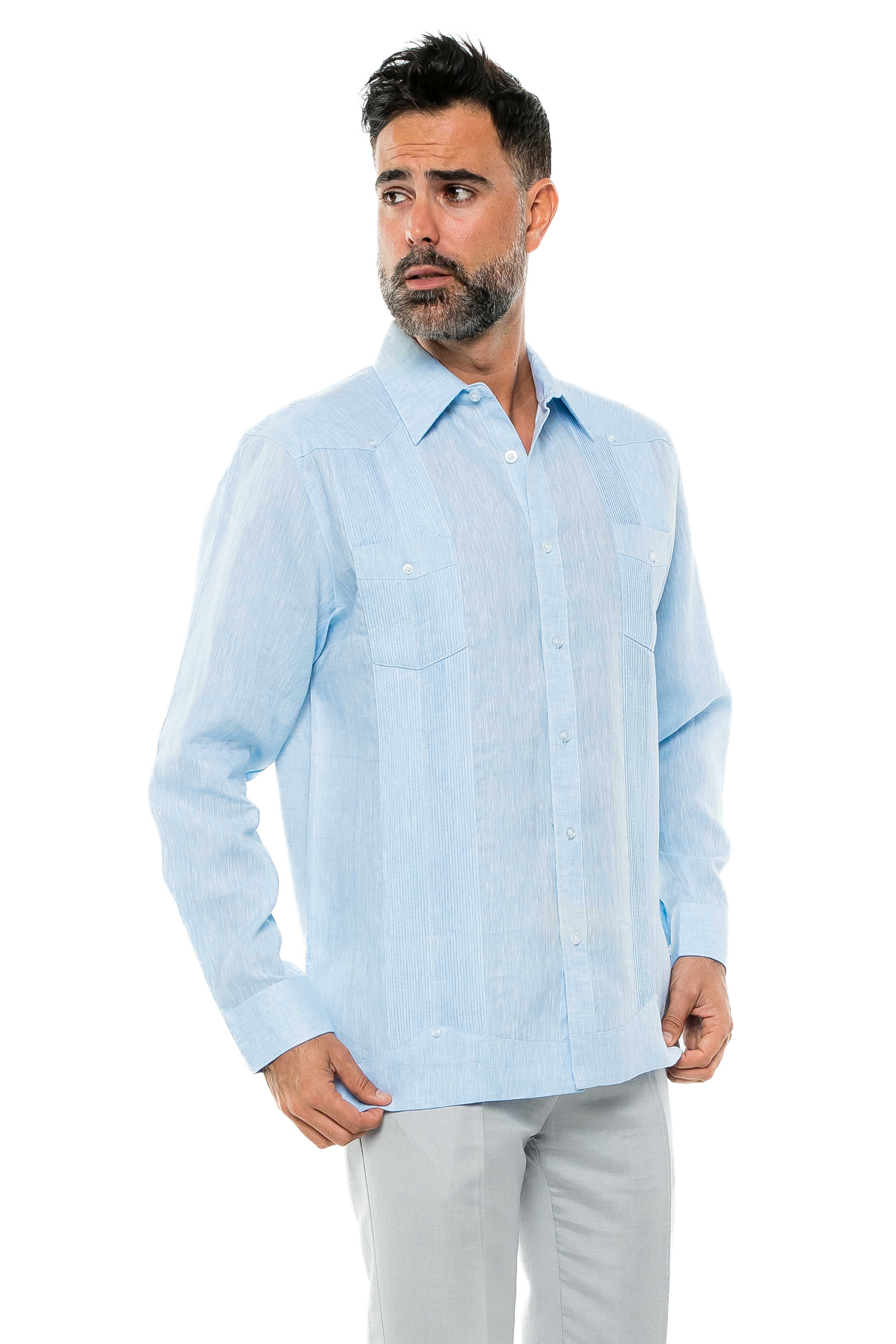 Camisa Guayabera de Manga Larga para Hombre, 100% Lino, Diseño de Dos Bolsillos