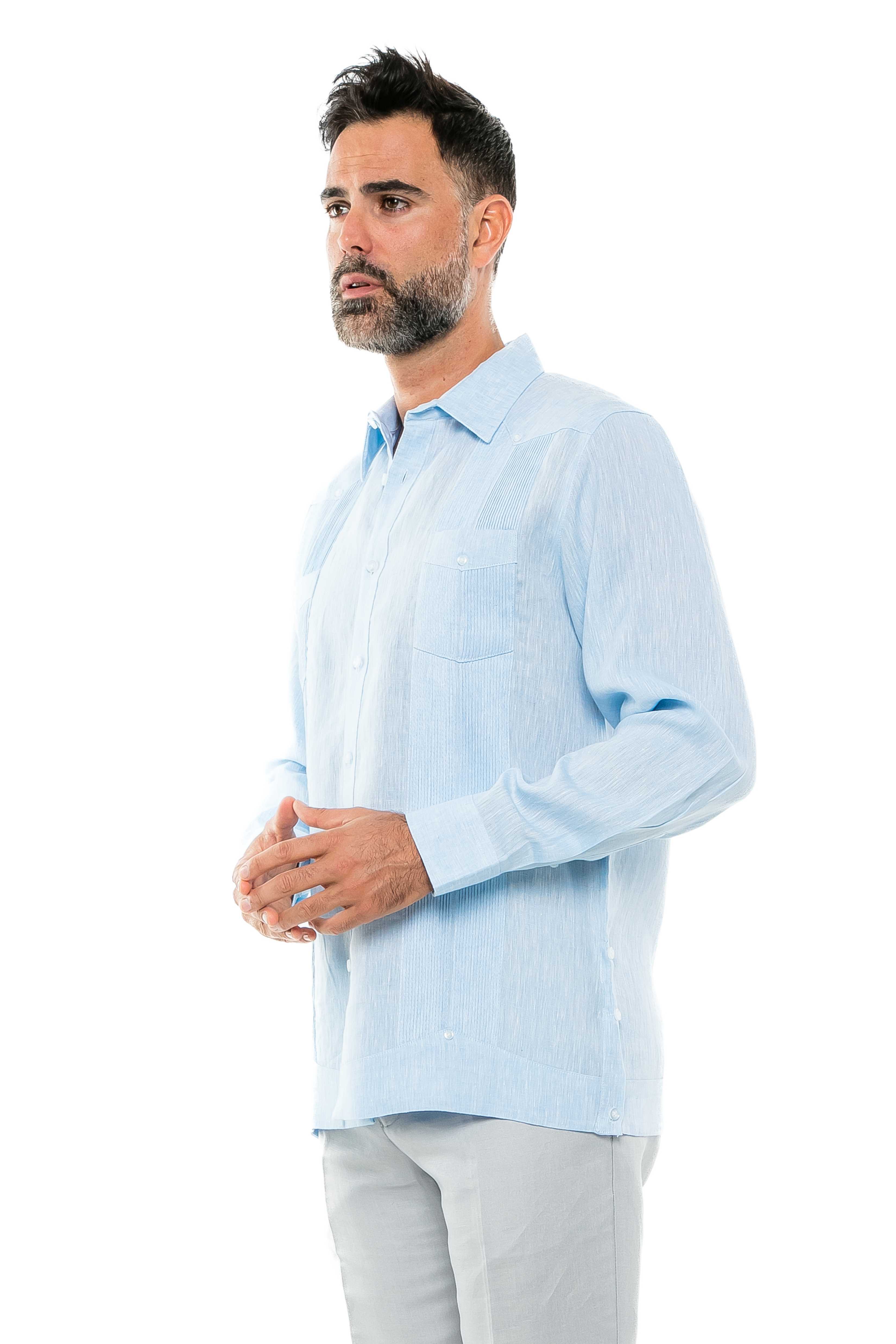 Camisa Guayabera de Manga Larga para Hombre, 100% Lino, Diseño de Dos Bolsillos