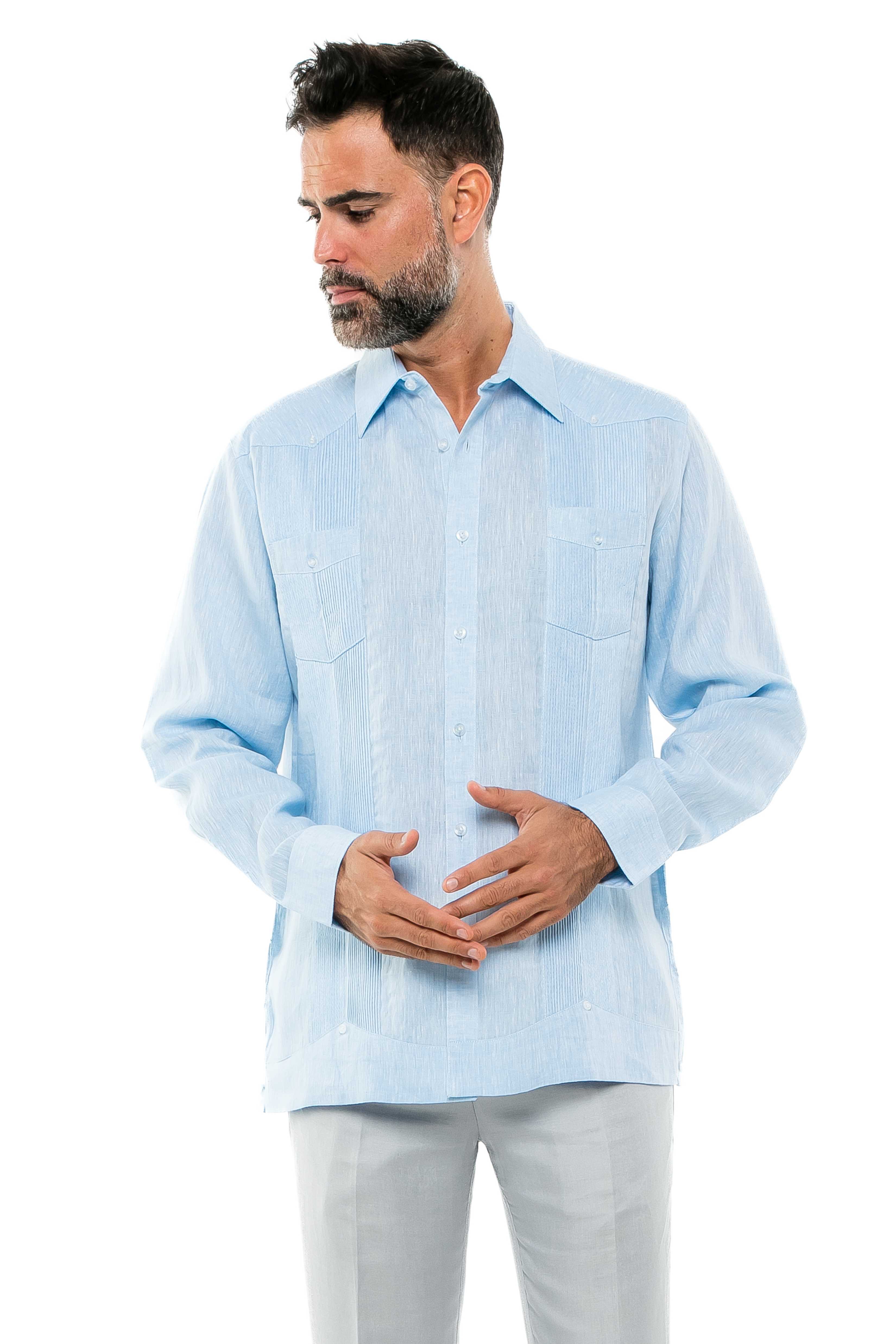 Camisa Guayabera de Manga Larga para Hombre, 100% Lino, Diseño de Dos Bolsillos