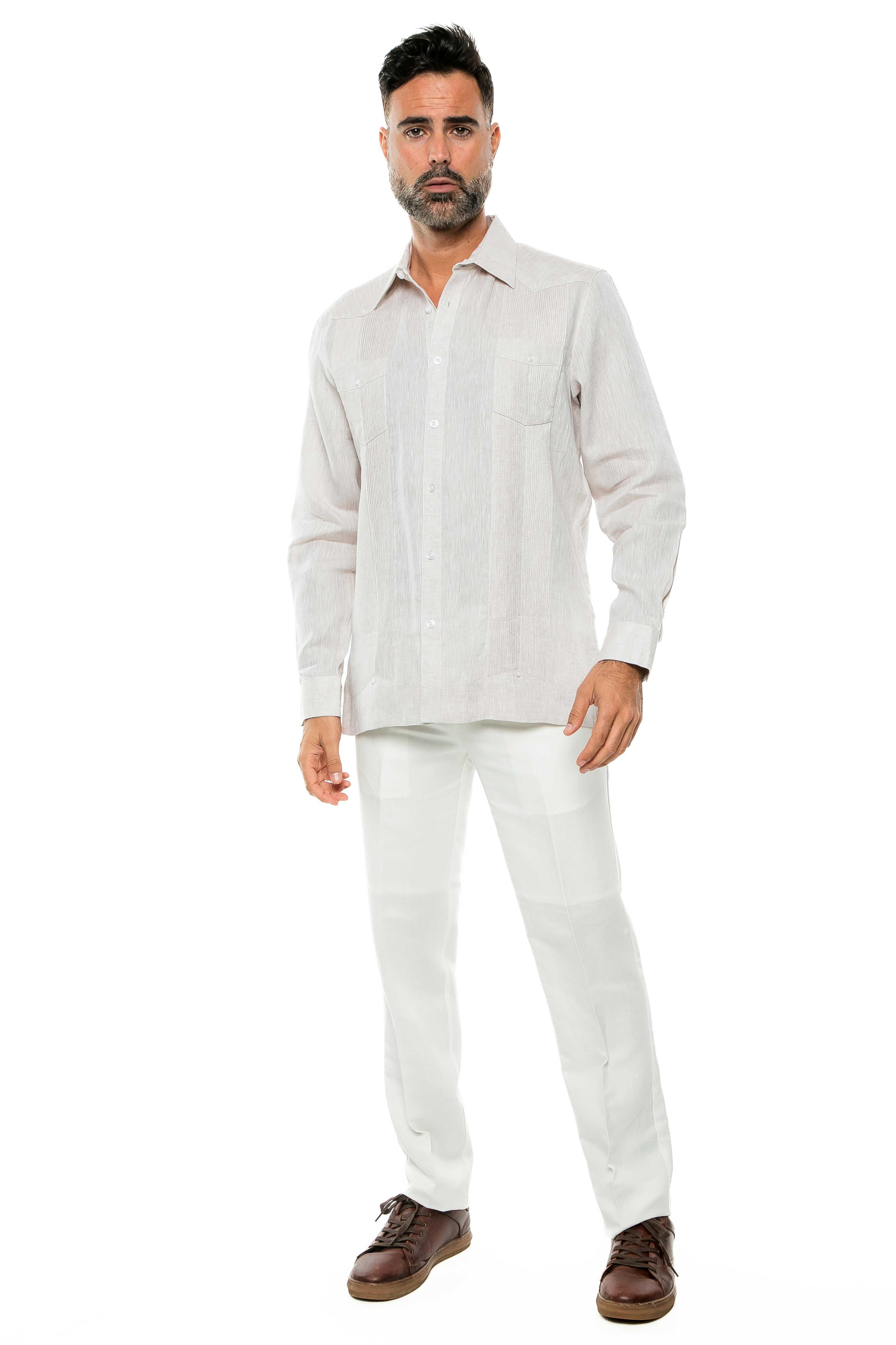 Camisa Guayabera de Manga Larga para Hombre, 100% Lino, Diseño de Dos Bolsillos