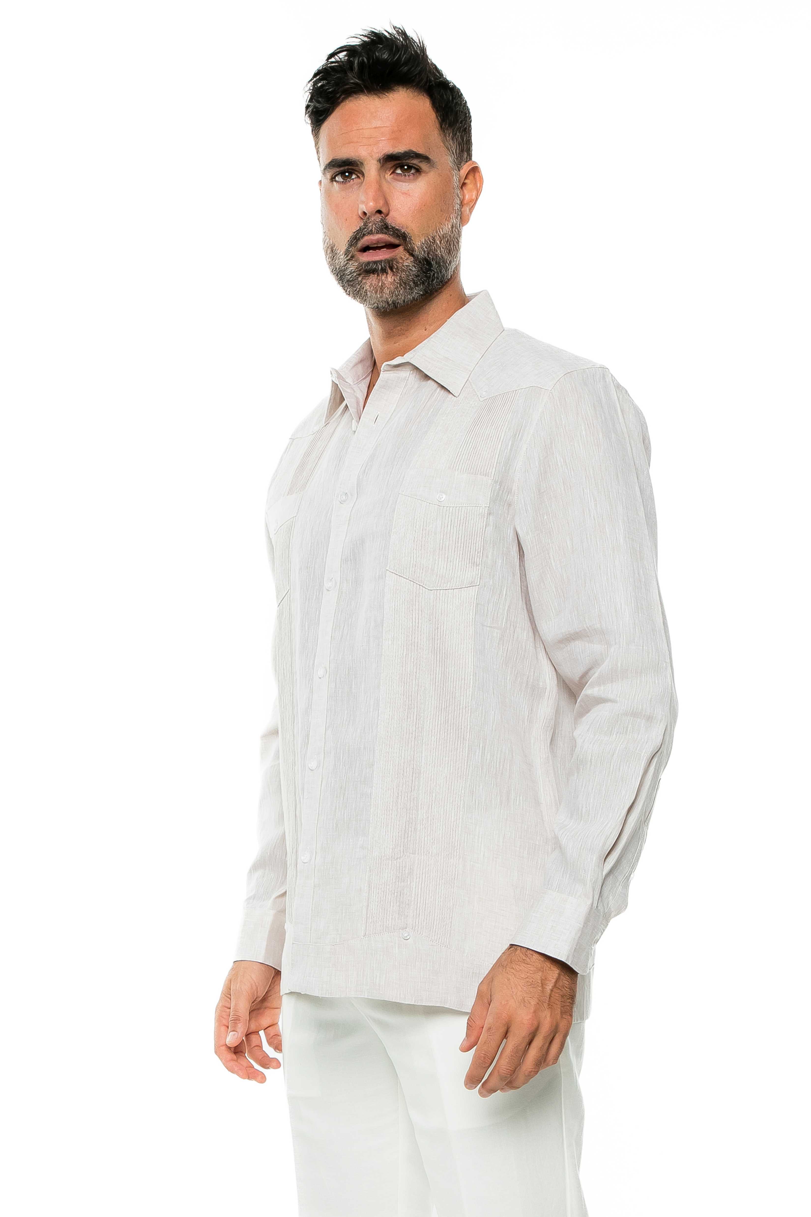 Camisa Guayabera de Manga Larga para Hombre, 100% Lino, Diseño de Dos Bolsillos