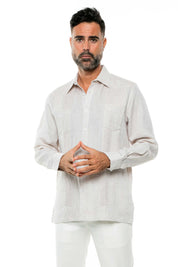Camisa Guayabera de Manga Larga para Hombre, 100% Lino, Diseño de Dos Bolsillos
