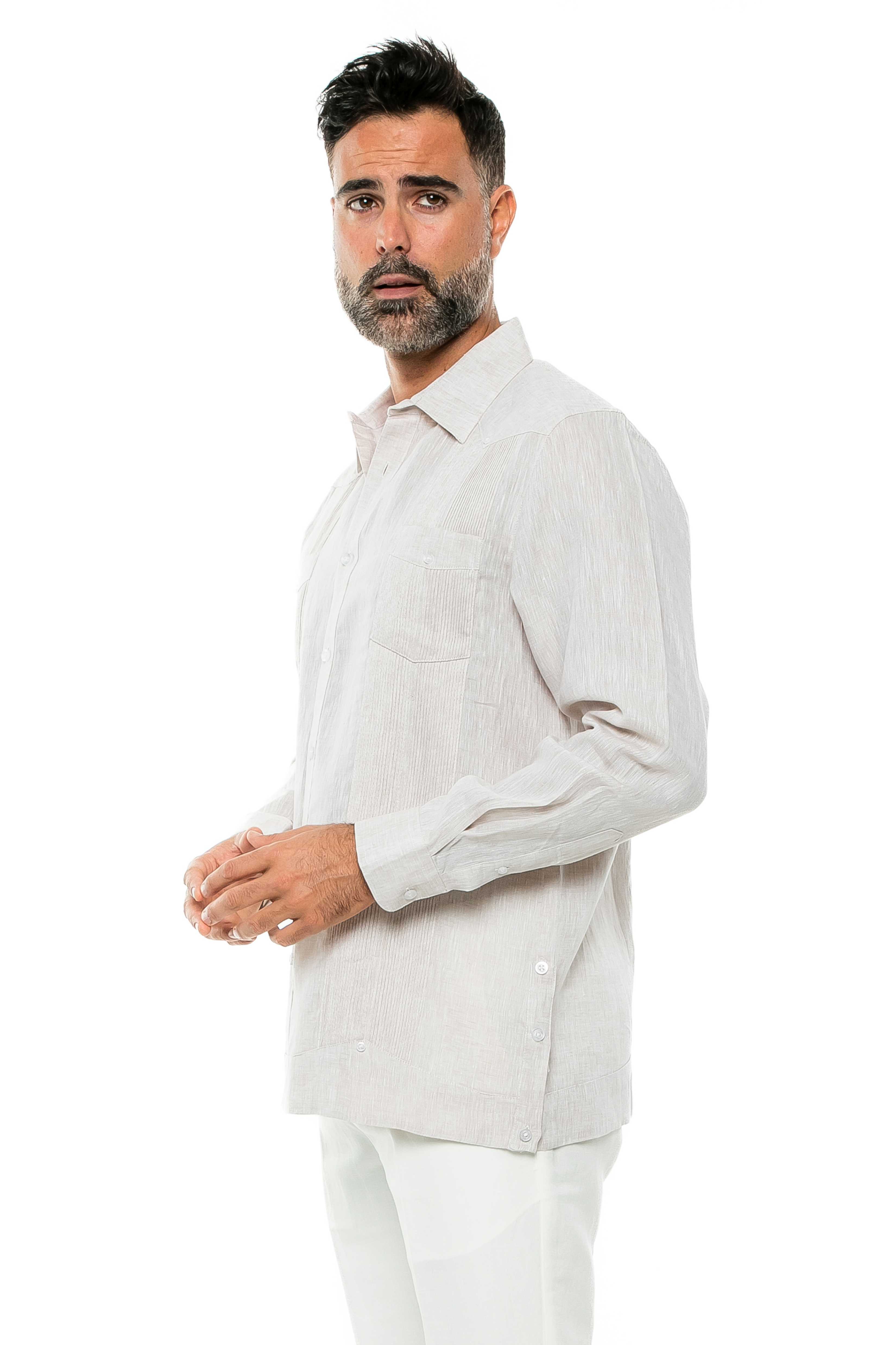 Camisa Guayabera de Manga Larga para Hombre, 100% Lino, Diseño de Dos Bolsillos