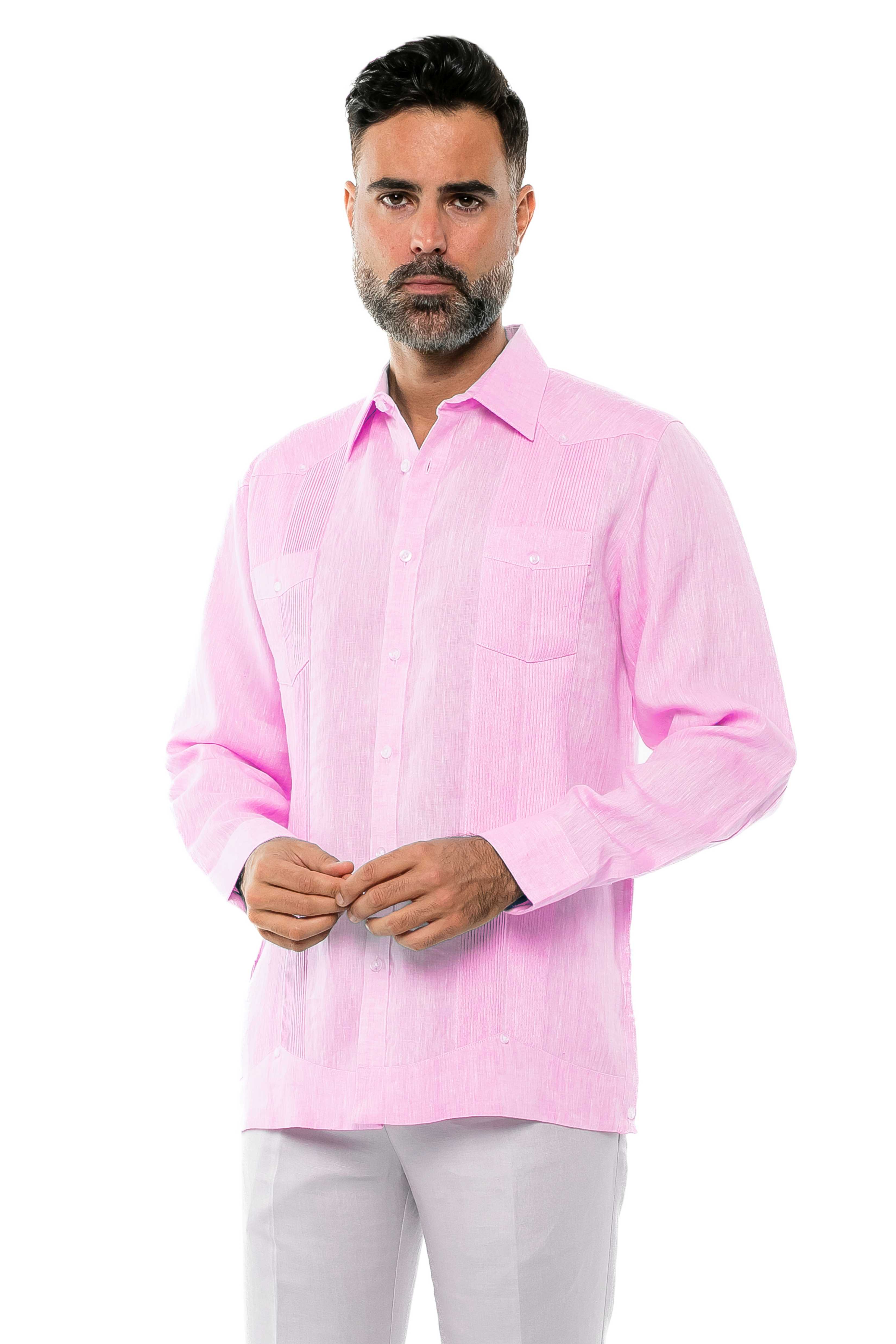 Camisa Guayabera de Manga Larga para Hombre, 100% Lino, Diseño de Dos Bolsillos