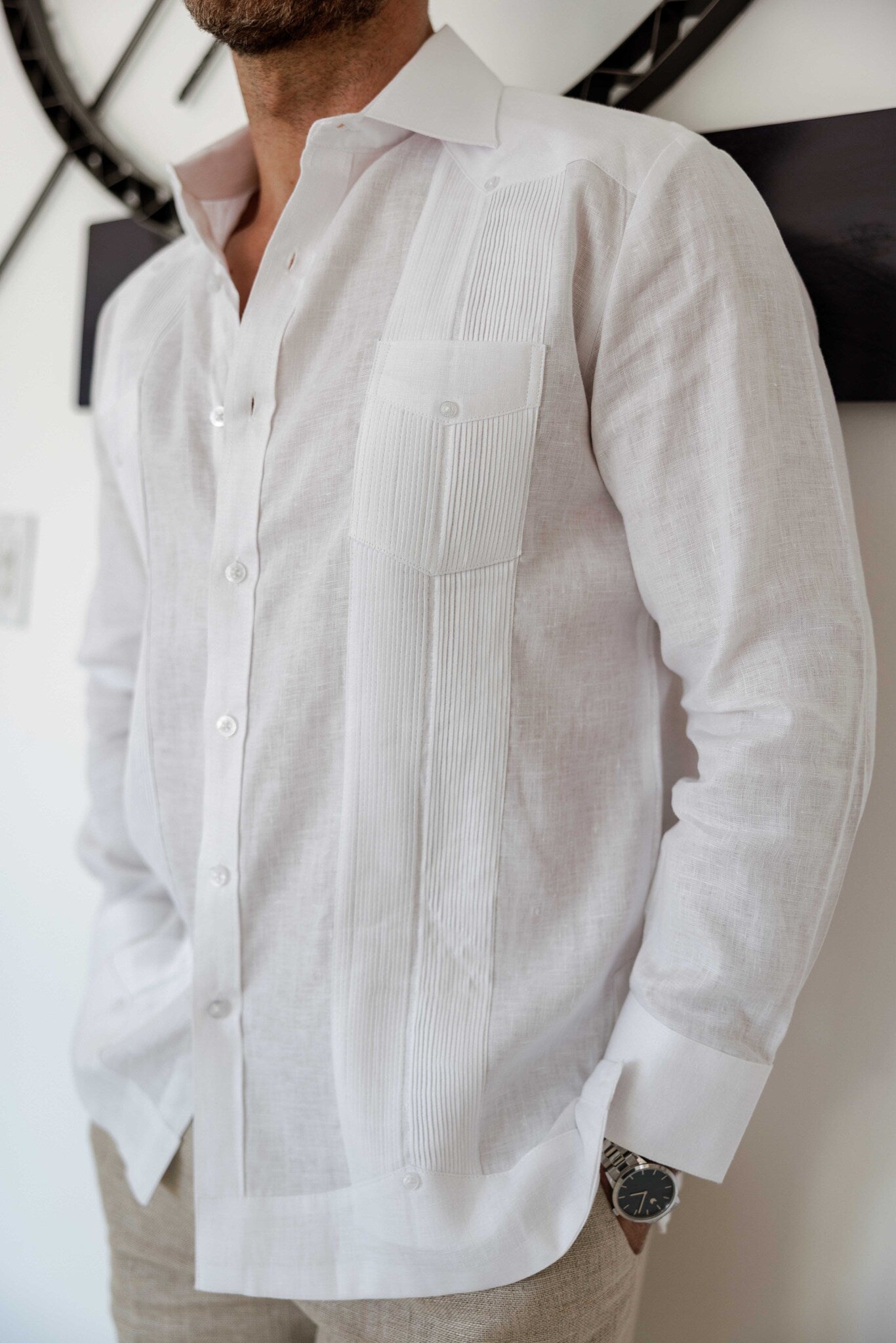 Camisa Guayabera de Manga Larga para Hombre, 100% Lino, Diseño de Dos Bolsillos