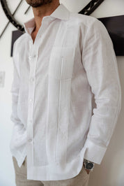 Camisa Guayabera de Manga Larga para Hombre, 100% Lino, Diseño de Dos Bolsillos