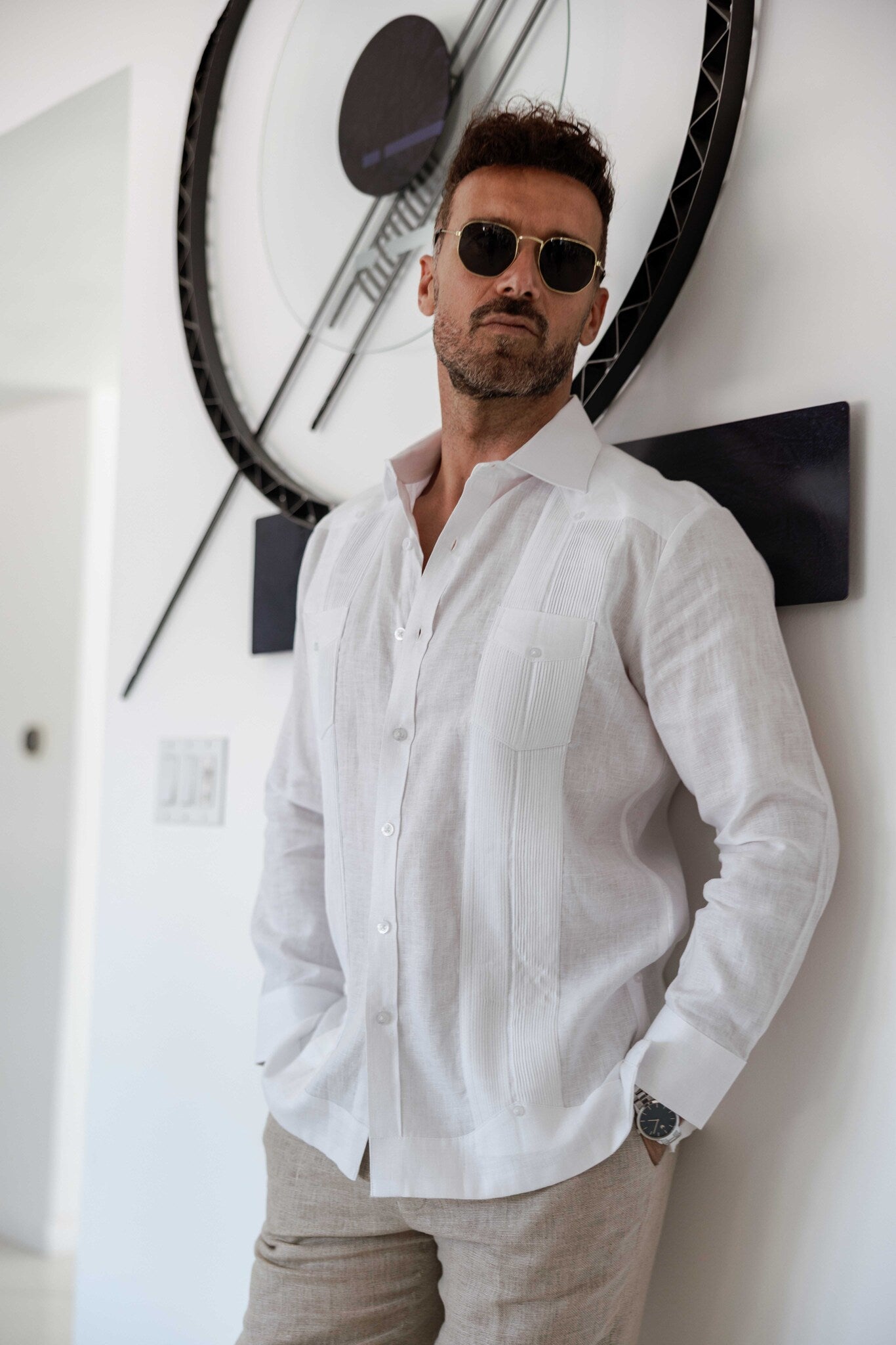 Camisa Guayabera de Manga Larga para Hombre, 100% Lino, Diseño de Dos Bolsillos