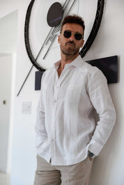 Camisa Guayabera de Manga Larga para Hombre, 100% Lino, Diseño de Dos Bolsillos