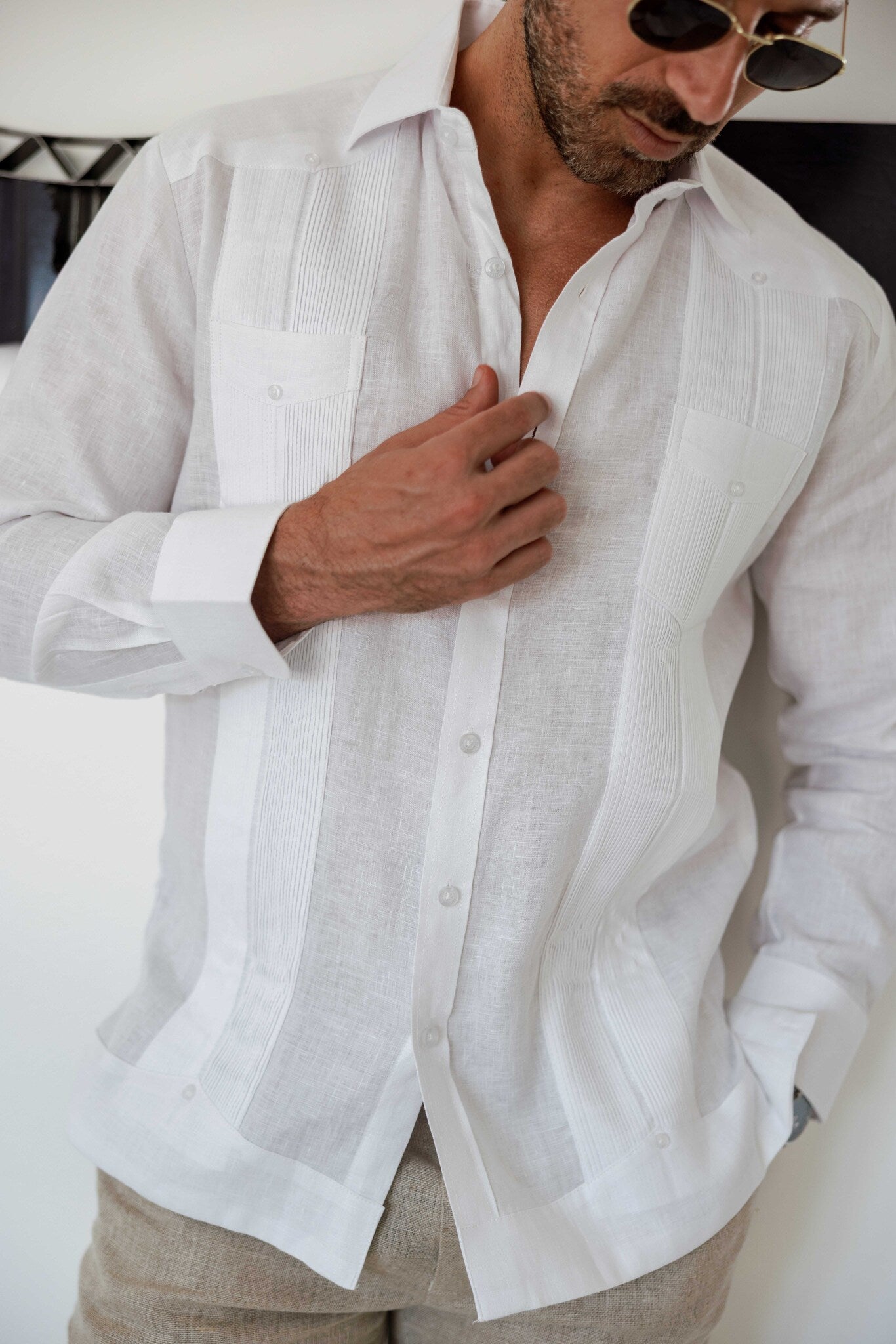 Camisa Guayabera de Manga Larga para Hombre, 100% Lino, Diseño de Dos Bolsillos