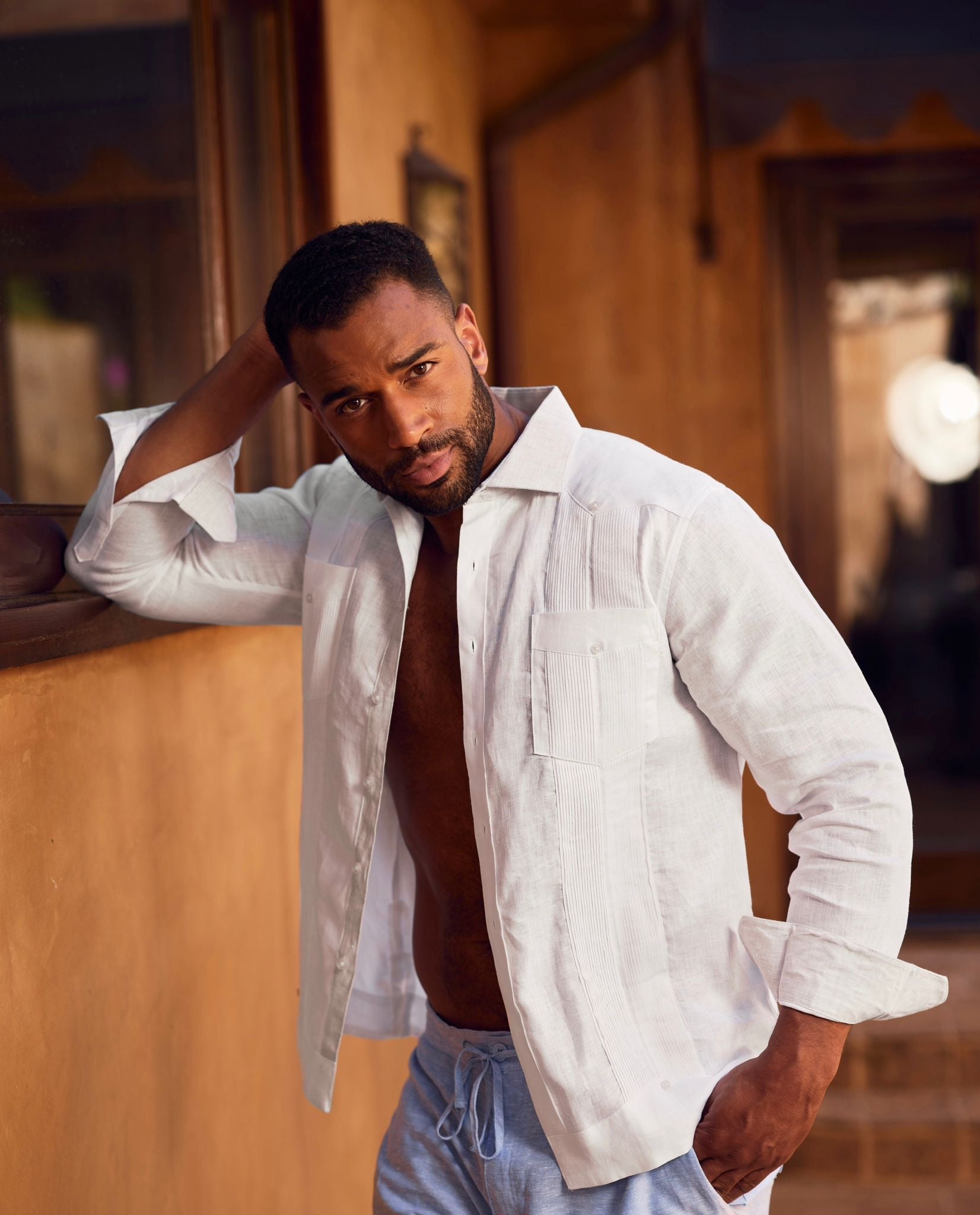 Camisa Guayabera de Manga Larga para Hombre, 100% Lino, Diseño de Dos Bolsillos