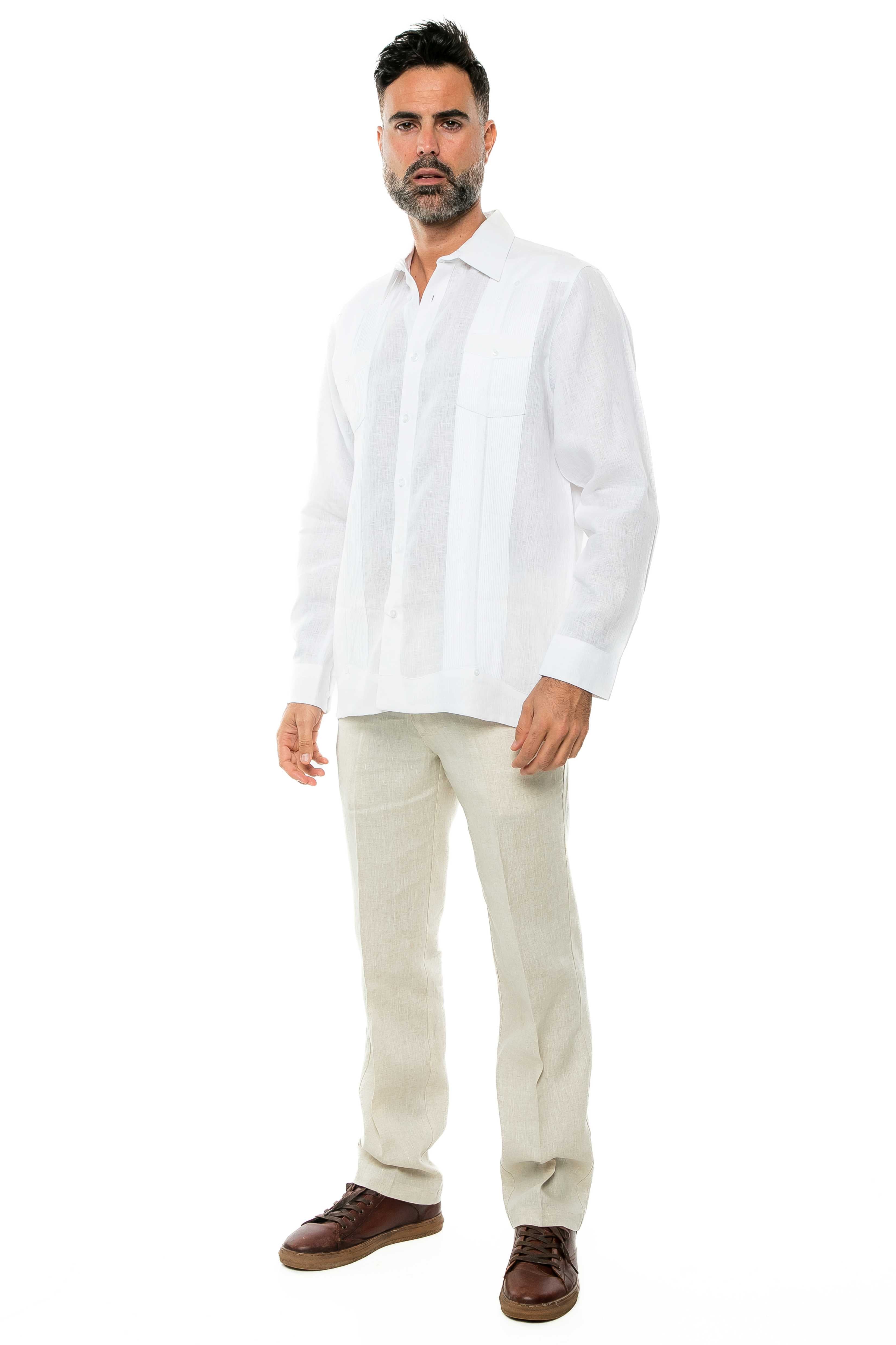 Camisa Guayabera de Manga Larga para Hombre, 100% Lino, Diseño de Dos Bolsillos