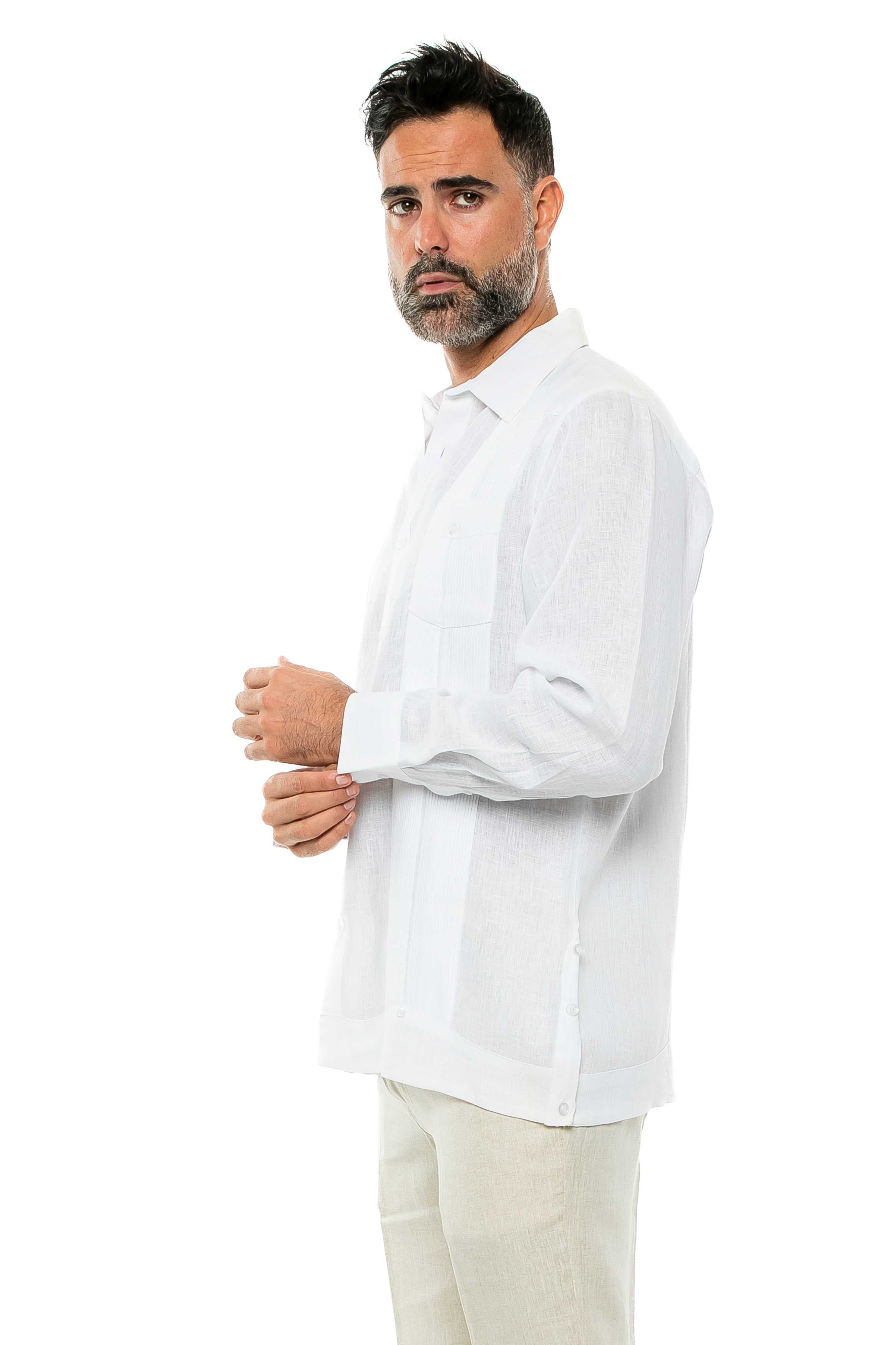 Camisa Guayabera de Manga Larga para Hombre, 100% Lino, Diseño de Dos Bolsillos