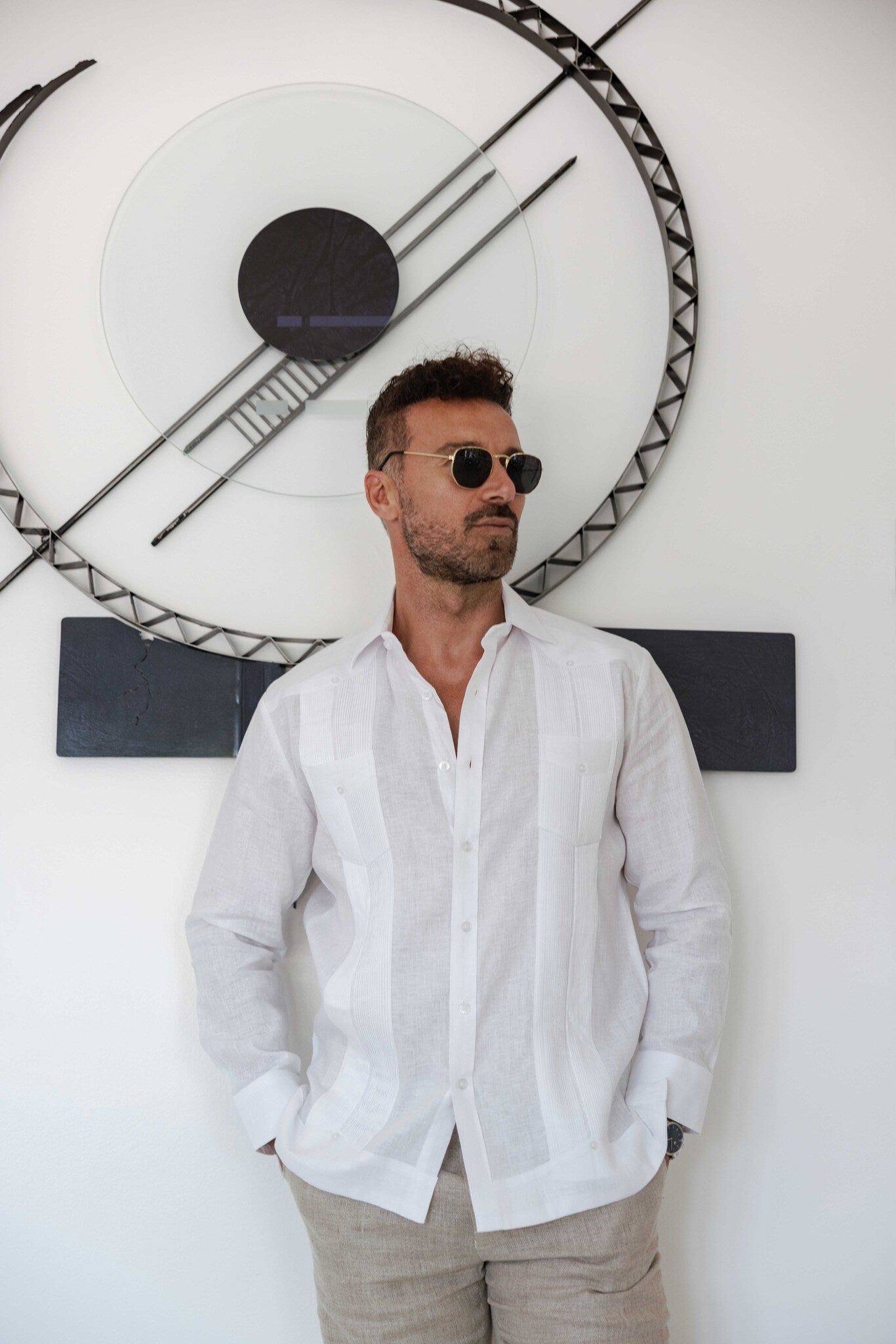 Camisa Guayabera de Manga Larga para Hombre, 100% Lino, Diseño de Dos Bolsillos