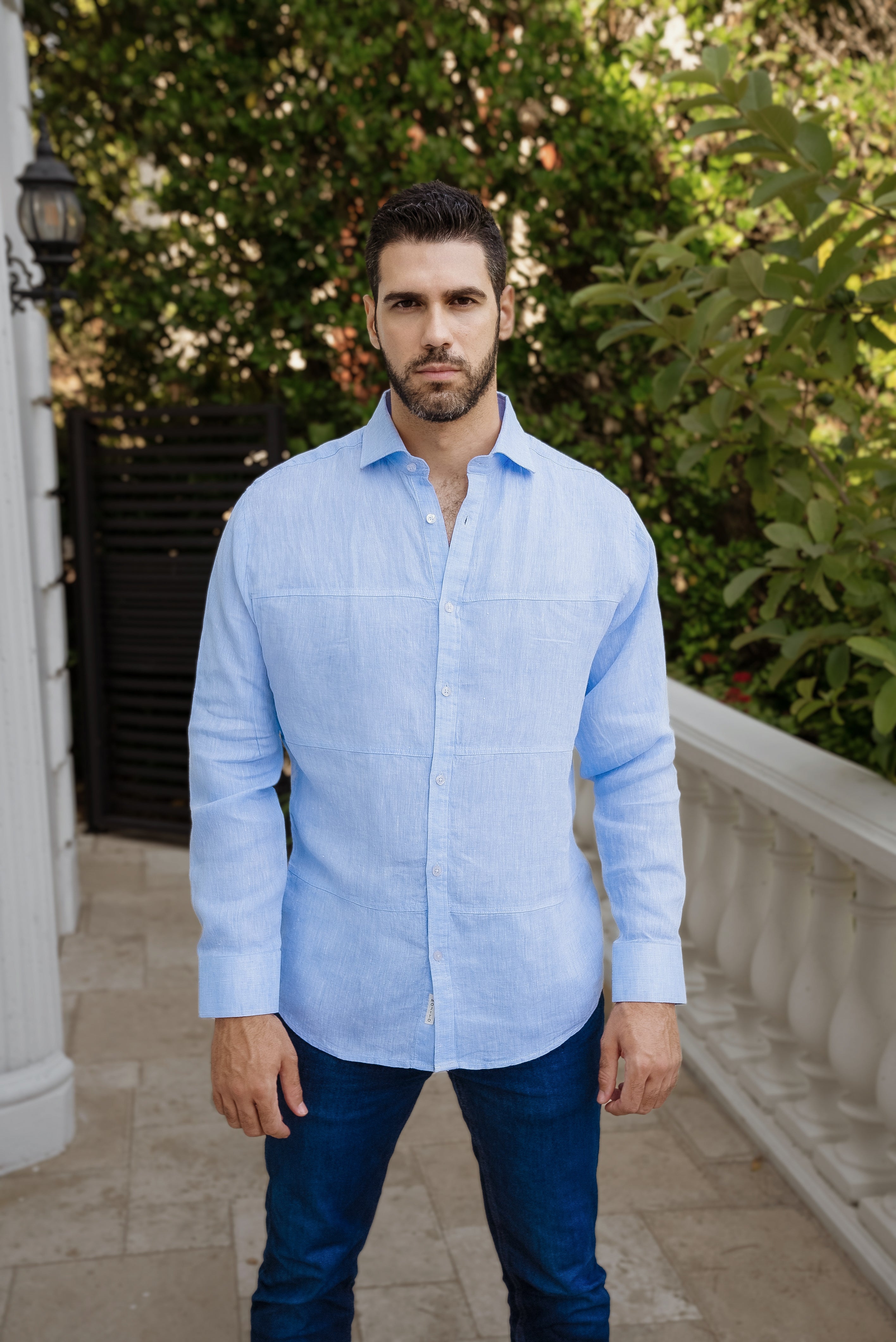 Men's Casual Patchwork Design 100% Linen Shirt Long Sleeve