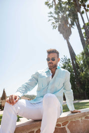 Guayabera de manga larga para hombre, 100 % lino, con paneles en contraste y pliegues tonales