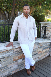 Guayabera de manga larga para hombre, 100 % lino, con paneles en contraste y pliegues tonales