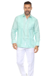 Guayabera de manga larga para hombre, 100 % lino, con paneles en contraste y pliegues tonales