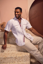 Men's 100% Linen Guayabera Shirt Short Sleeve with Print Trim Accent