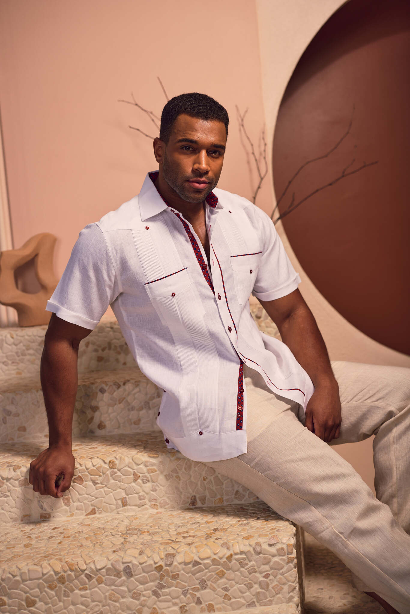 Men's 100% Linen Guayabera Shirt Short Sleeve with Print Trim Accent