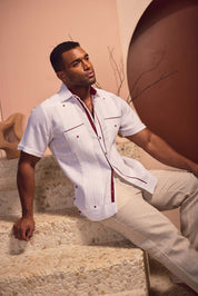Men's 100% Linen Guayabera Shirt Short Sleeve with Print Trim Accent