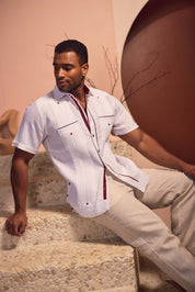 Men's 100% Linen Guayabera Shirt Short Sleeve with Print Trim Accent