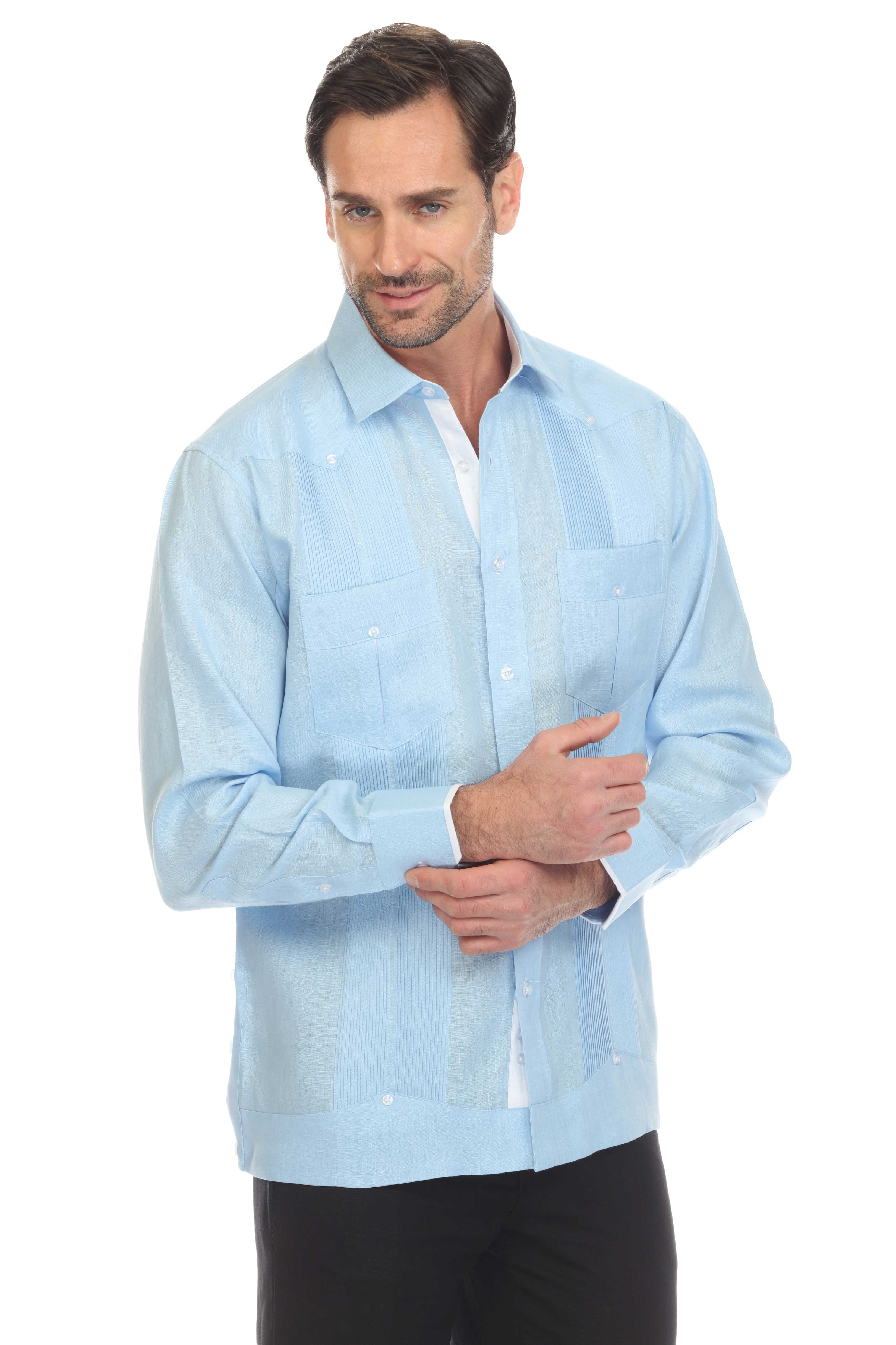Men's 100% Linen Guayabera Shirt Long Sleeve with Contrast Accent Trim