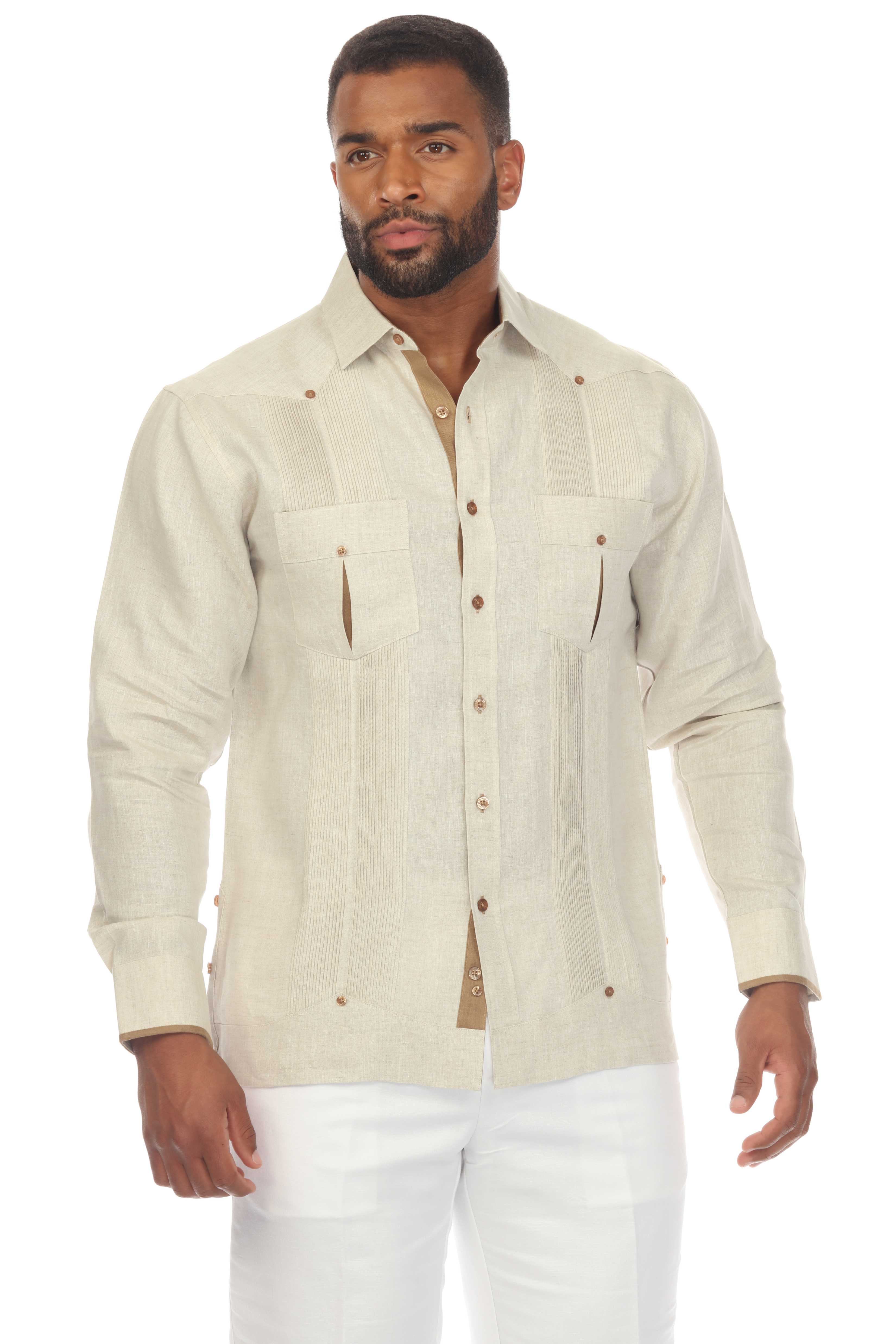 Men's 100% Linen Guayabera Shirt Long Sleeve with Contrast Accent Trim