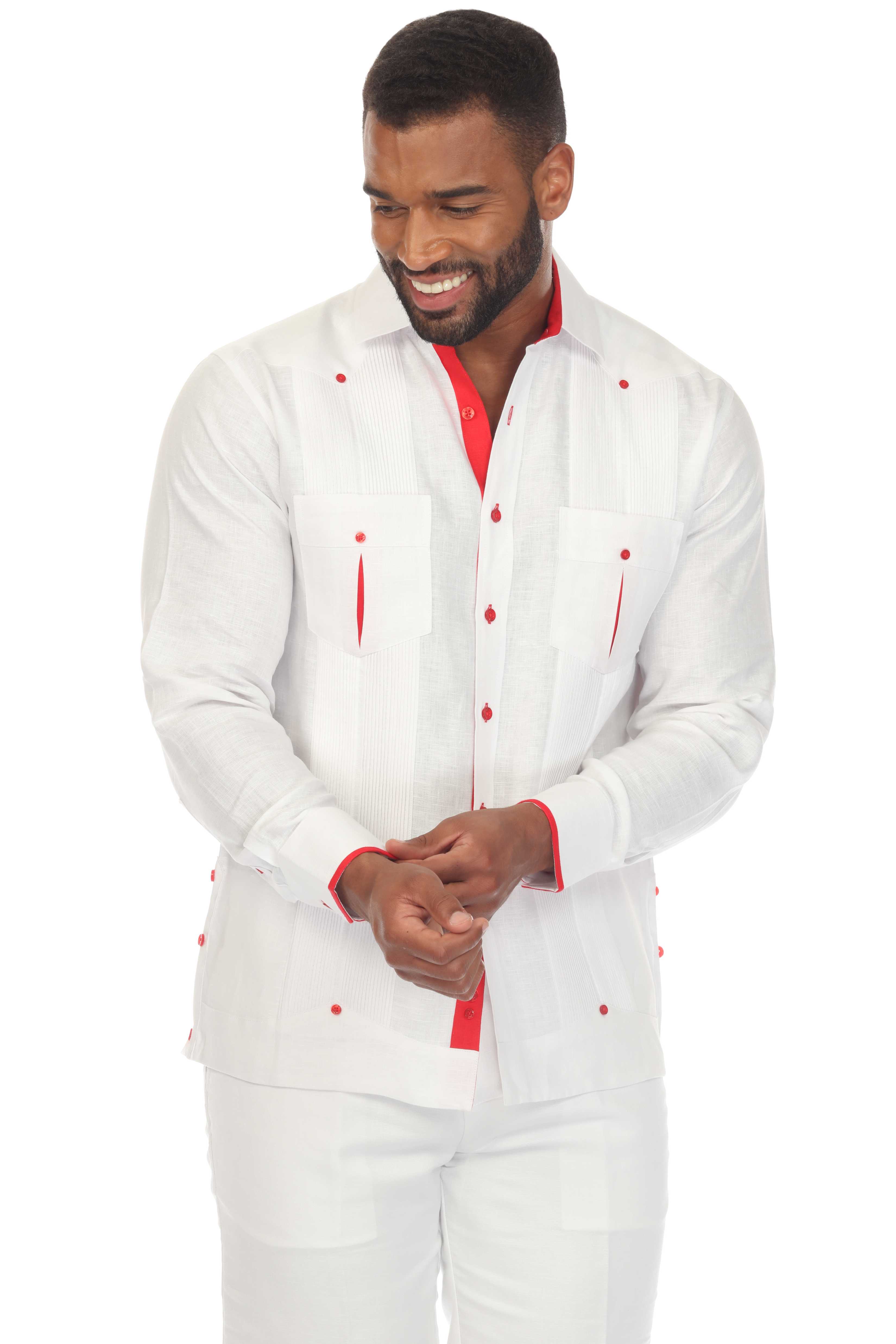 Men's 100% Linen Guayabera Shirt Long Sleeve with Contrast Accent Trim