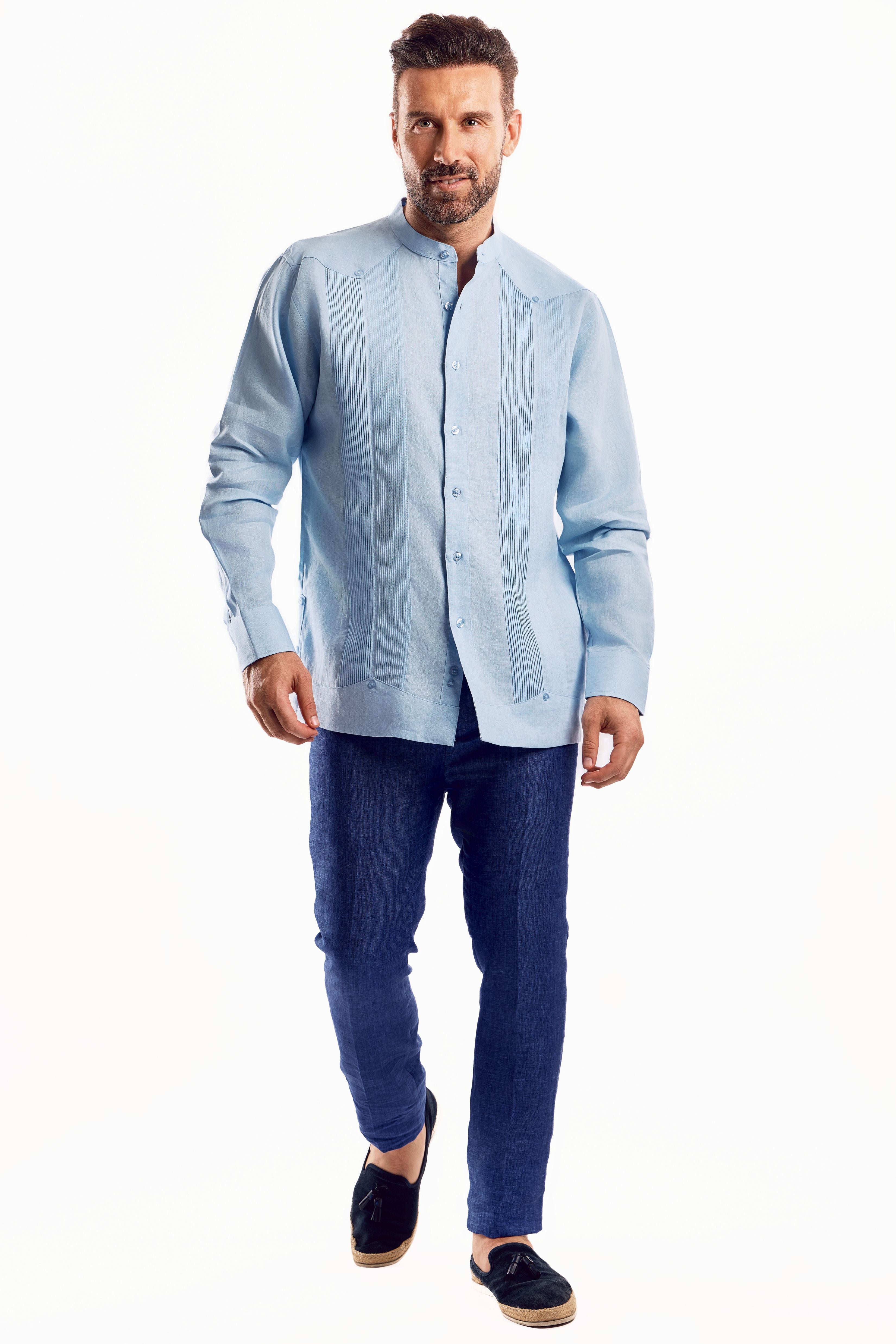 Guayabera de boda para hombre, 100 % lino, con cuello mandarín y detalles plisados