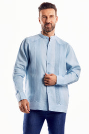 Guayabera de boda para hombre, 100 % lino, con cuello mandarín y detalles plisados