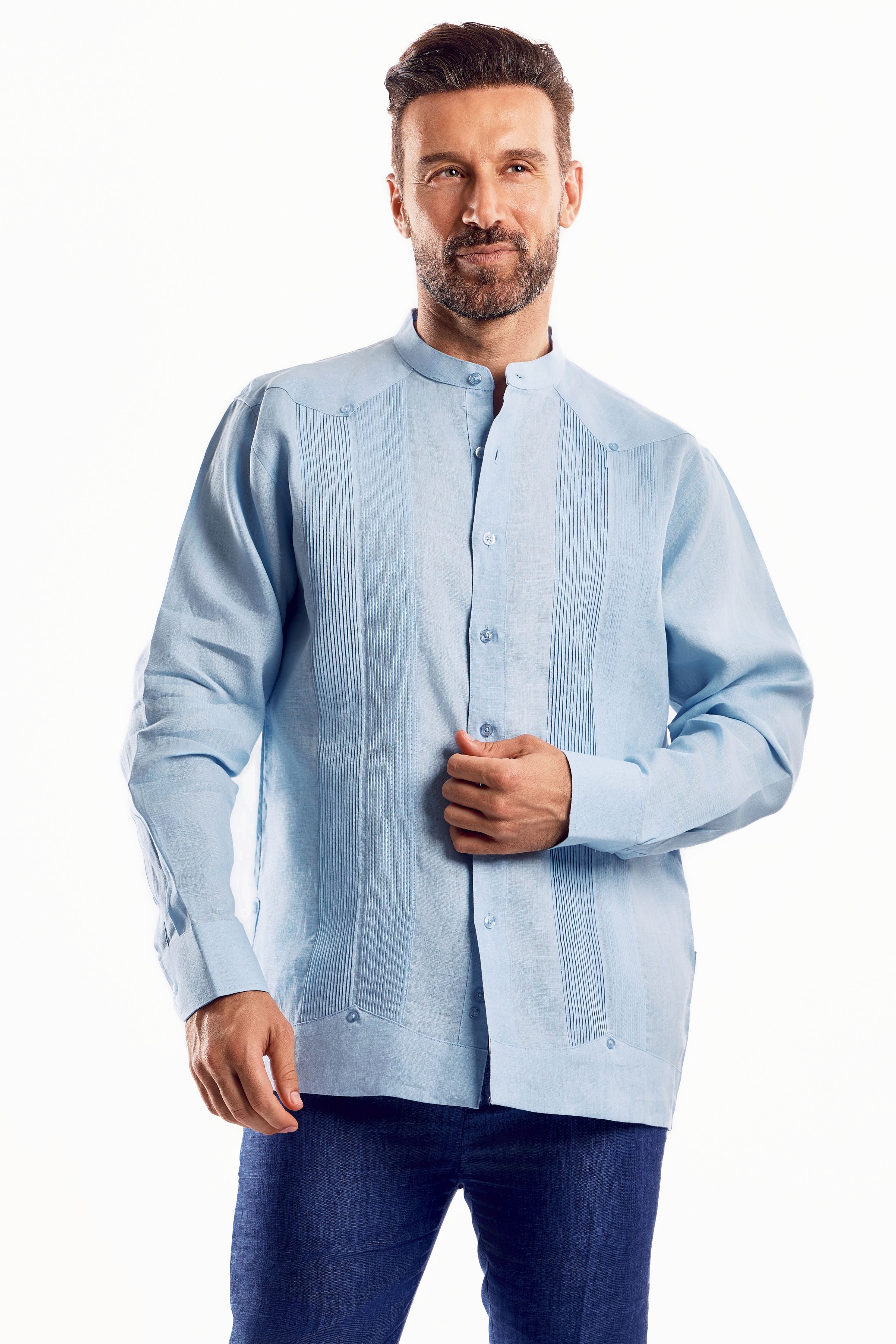 Guayabera de boda para hombre, 100 % lino, con cuello mandarín y detalles plisados