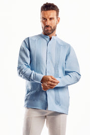 Guayabera de boda para hombre, 100 % lino, con cuello mandarín y detalles plisados