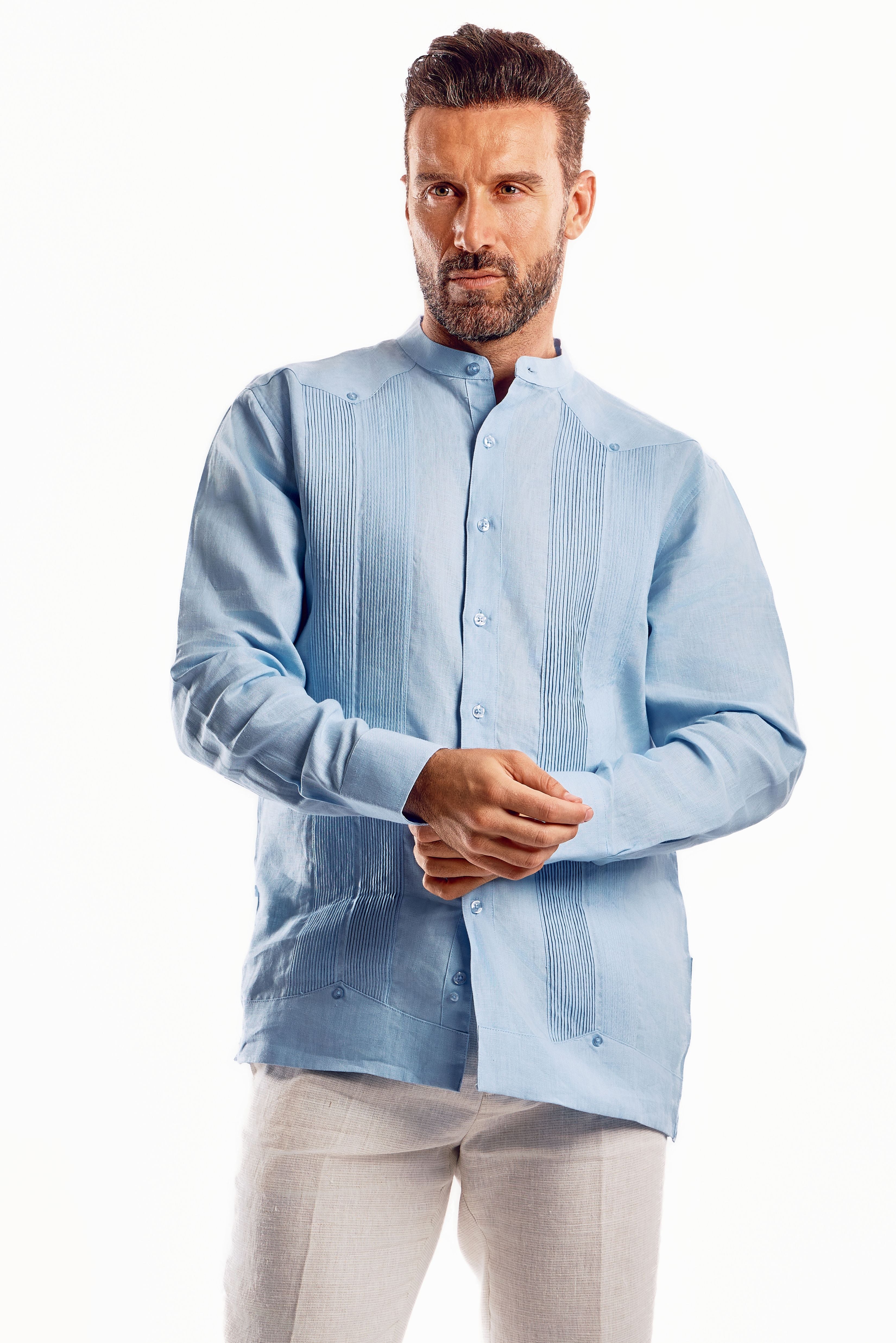 Guayabera de boda para hombre, 100 % lino, con cuello mandarín y detalles plisados
