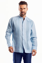 Guayabera de boda para hombre, 100 % lino, con cuello mandarín y detalles plisados