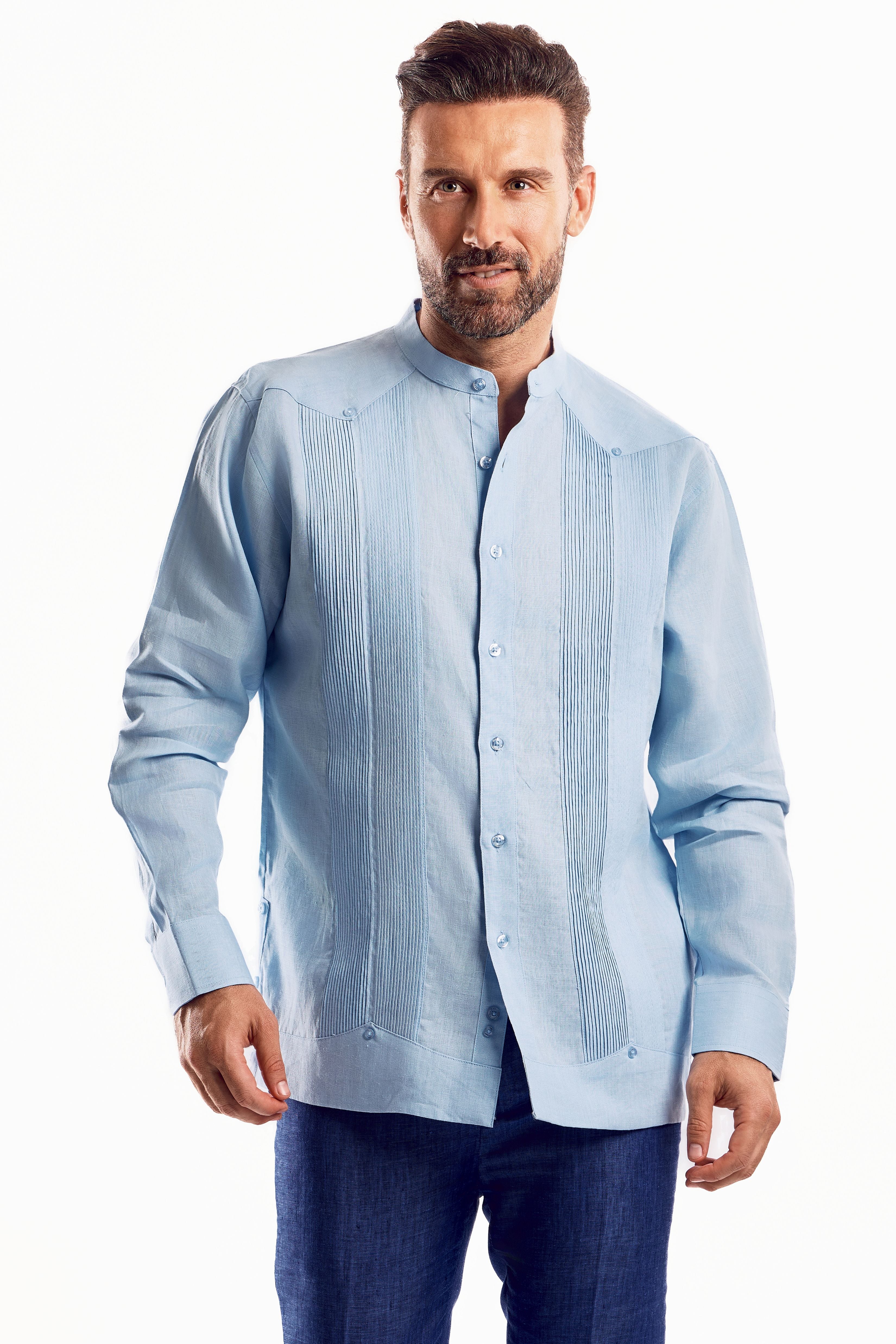 Guayabera de boda para hombre, 100 % lino, con cuello mandarín y detalles plisados